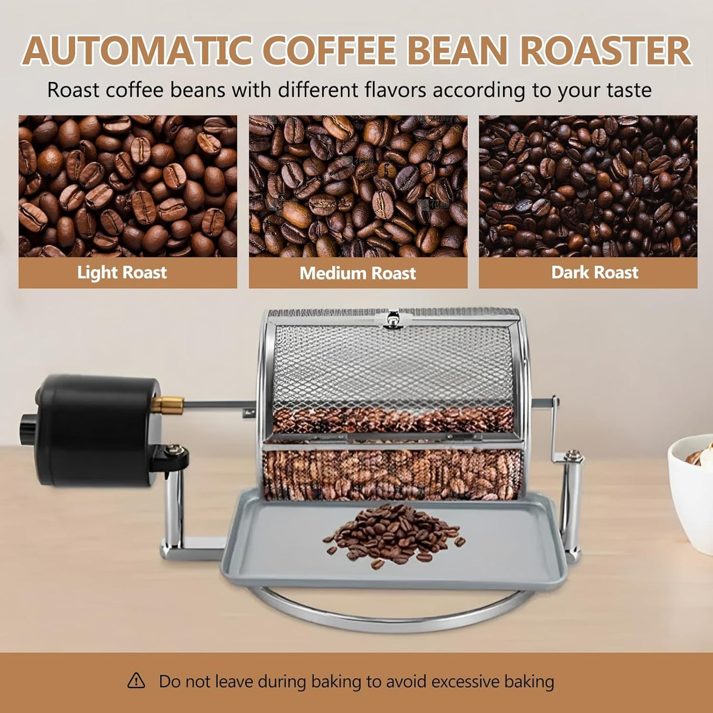 Coffee Roaster Machine for Home Use, Stainless Steel 14W Electric Coffee Roaster Machine with Tray, Speed Adjust, Auto-matic Nuts Coffee Bean Roaster Drum for Homes, Cafes, Hotels Silver