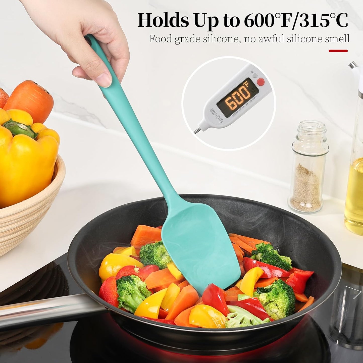 600ºF Heat Resistant Spatulas, High Heat Food Safe Semless Kitchen Silicone Spoon Spoonula Scraper Set for Cooking Baking Mixing Scraping Stirring Nonstick Cookware Pan Bowl (3Pcs,Aqua Sky)