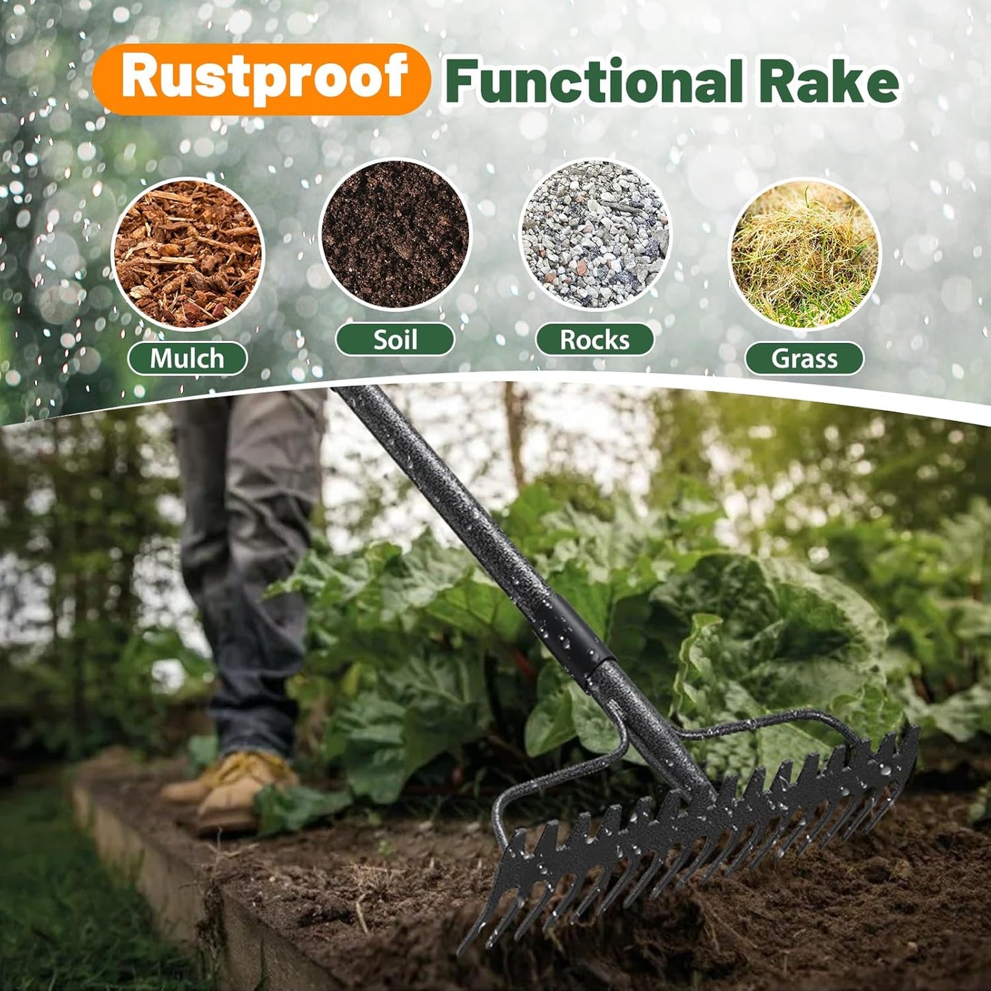 Garden Leaf Rake with 77 Inch Handle, Heavy Duty 17 Inch Wide Metal Garden Lawn Rake for Loosening Soil Raking Leaf Leveling Rocks Spreading Mulch Gravel, Rustproof Metal Bow Rakes Garden Tools