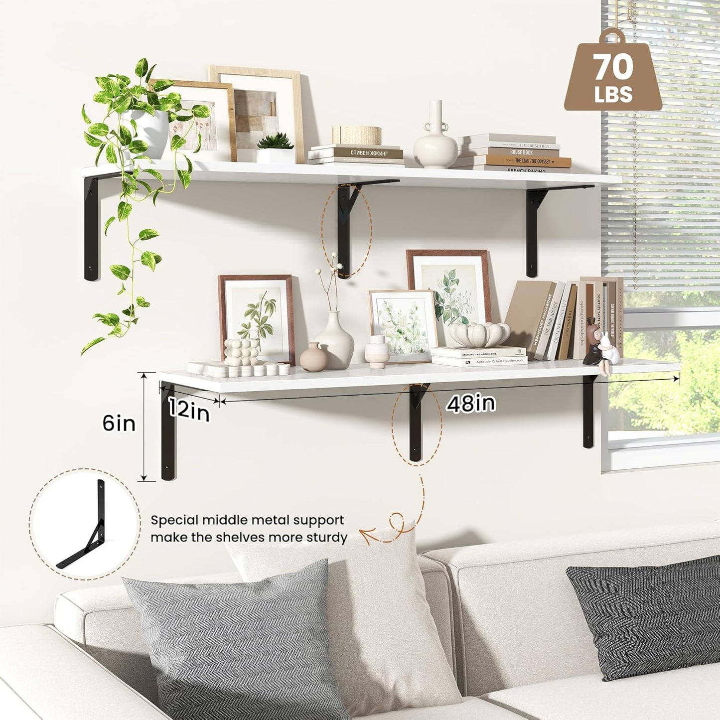 Fun Memories Floating Shelves for Wall, 12 Inch Deep Floating Shelves Set of 2, Wall Mounted Shelf with Metal Brackets, Rustic Wood Wide Shelf for Bathroom, Kitchen and Living Room, White, 48W x 12D
