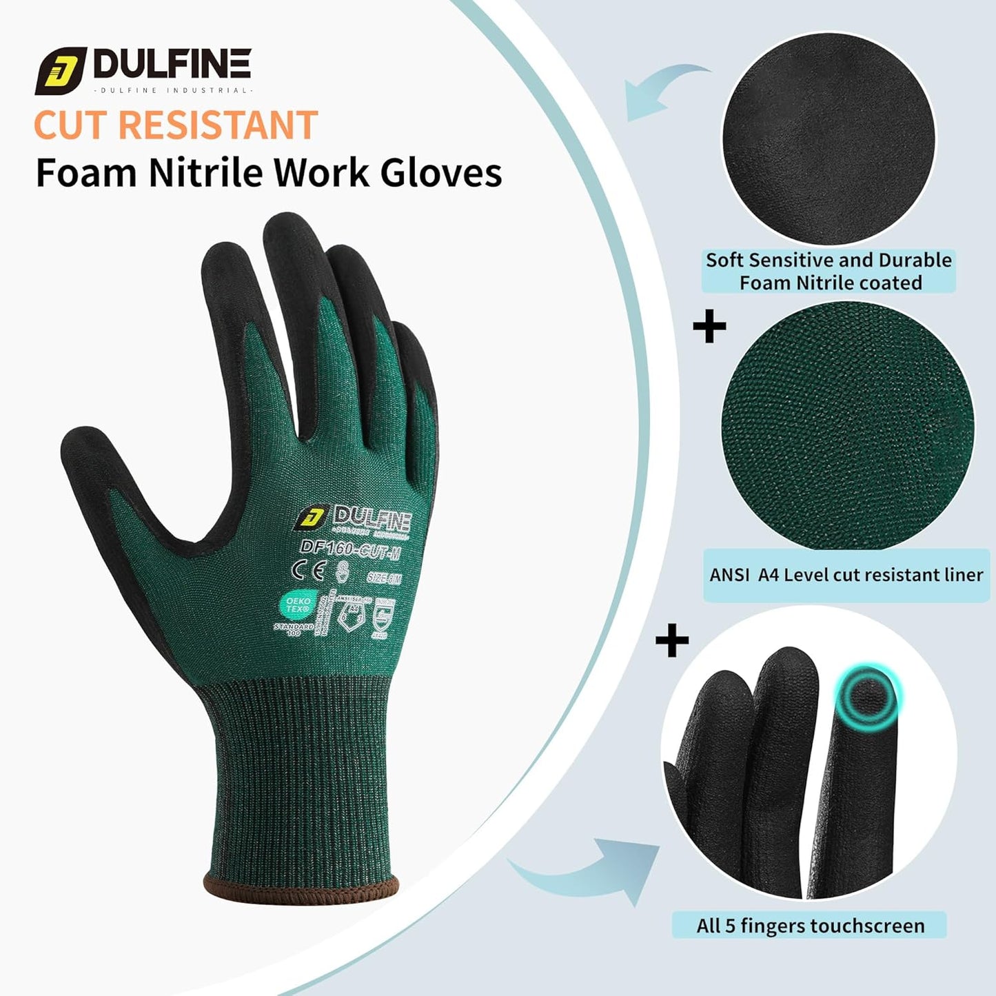 DULFINE ANSI A4 Cut Resistant Work Gloves for Men,6 Pairs Pack.Touchscreen Micro Nitrile Coated,Anti-Slip & Durable for Construction, Wood Cutting,Glass Factory Industrial Use(Medium)