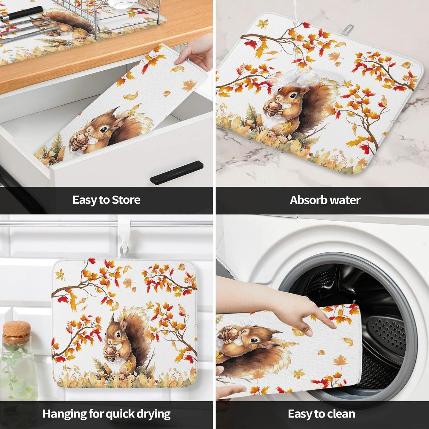 Fall Dish Drying Mat for Kitchen Counter Squirrel Drying Pad Absorbent Drying Mats for Countertops Sinks Draining Racks Pine Cone Autumn Maple Leaves Drainer Holiday Harvest Thanksgiving Decor 18x24