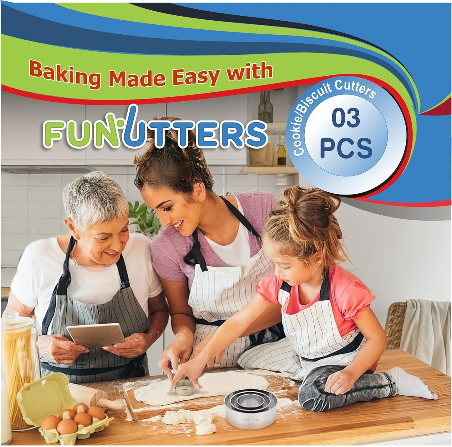 Cookie Cutter Set, 3 Pc Kit, Measuring 2'', 3'', and 4'', Round Metal Baking Rings for Pastry, Biscuits, and Dough Cutting, Heavy Duty and Reusable, Multiple Sizes