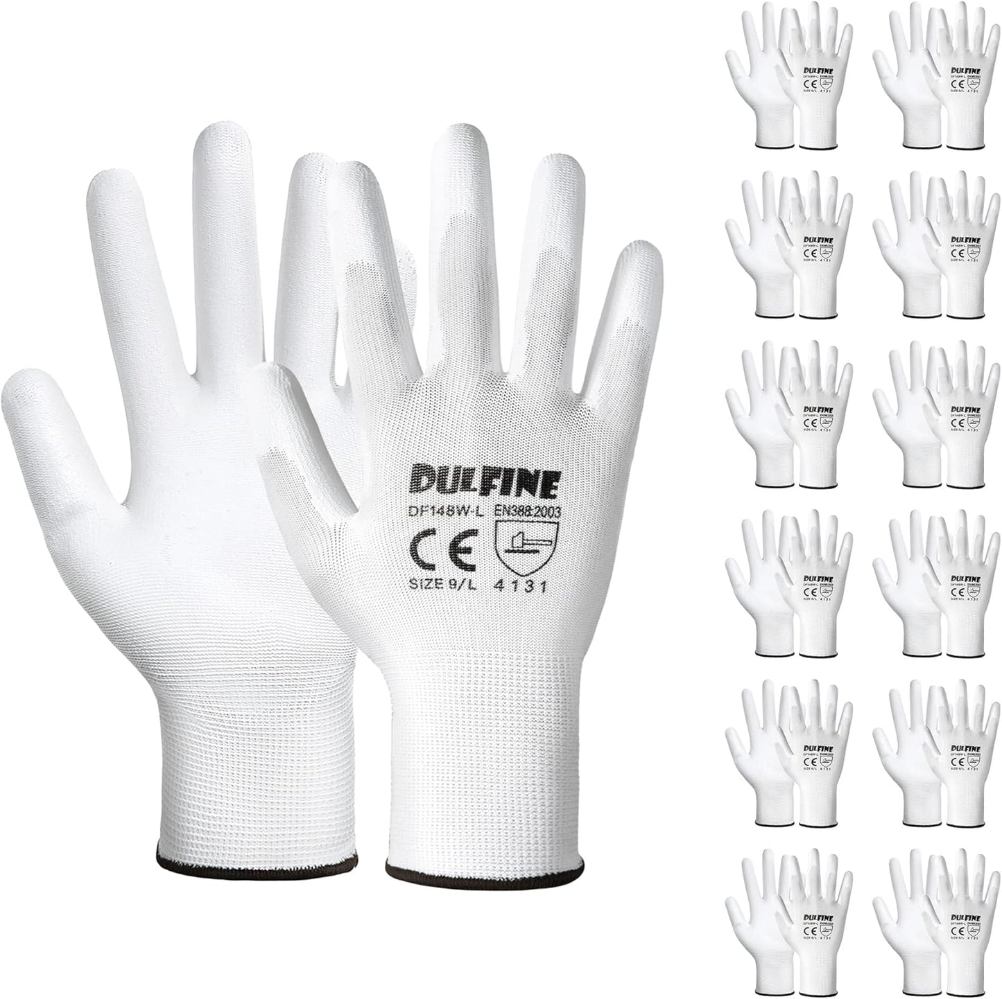DULFINE Safety Work Gloves PU Coated-12 Pairs,White Seamless Knit Glove with Polyurethane Coated Smooth Grip on Palm & Fingers, for Men and Women, Ideal for General Duty Work (Large)