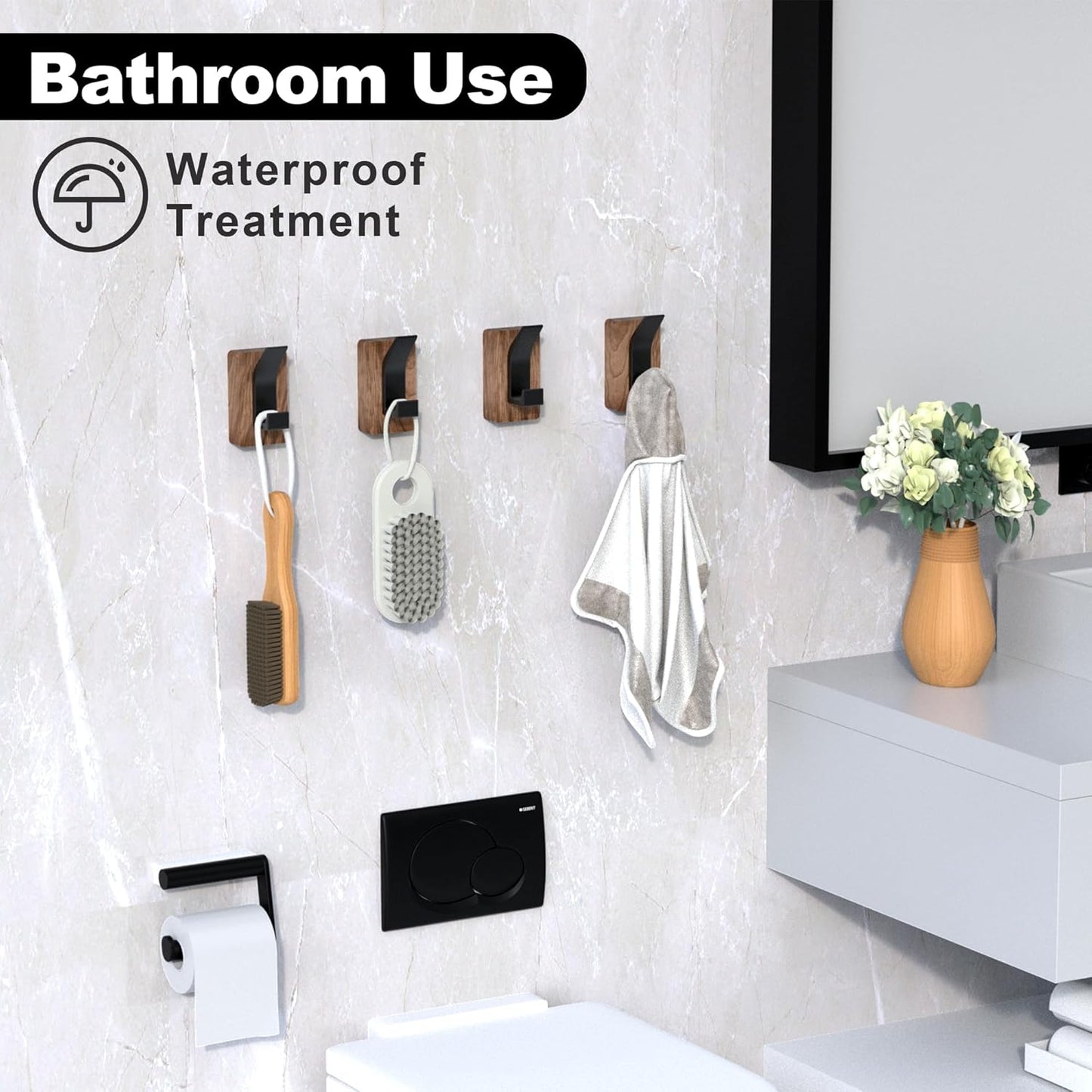 4 PCS Black Walnut Wood Wall Hooks Adhesive Mounted & Wall Mounted Rustic Decorative Entryway Hooks Mid Century Modern Natural Wooden Pegs for Hanging Coat Clothes Hat Bag Purse and Towel