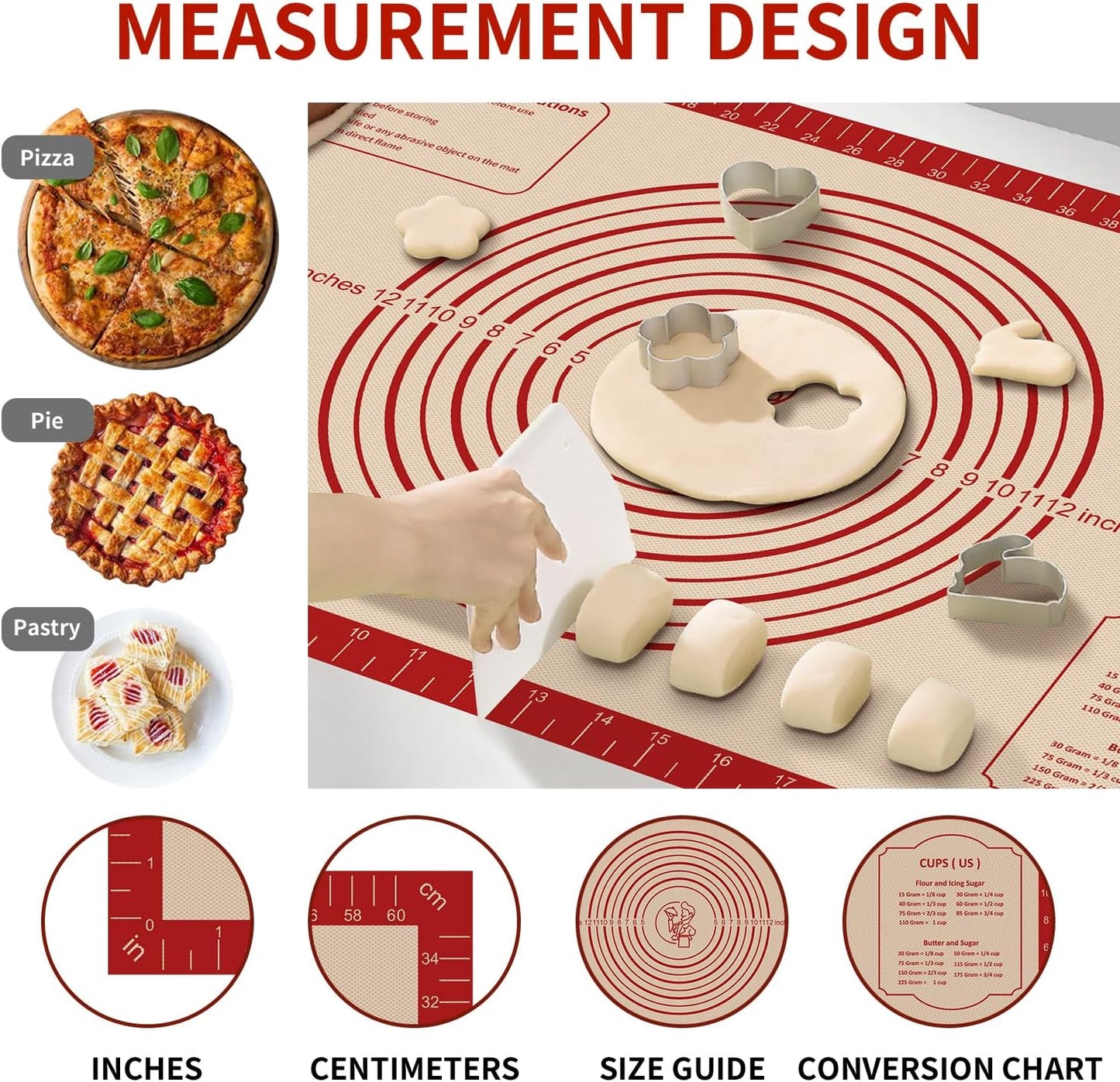 Silicone Baking Mat, Reusable Silicone Dough Mat, Non-Stick Pastry Mat, Heat Resistant Silicone Mat for Baking Cookies, Cake, Bread, Chocolate, Pizza, Crust, Pie Oven Mat, Easy to Clean