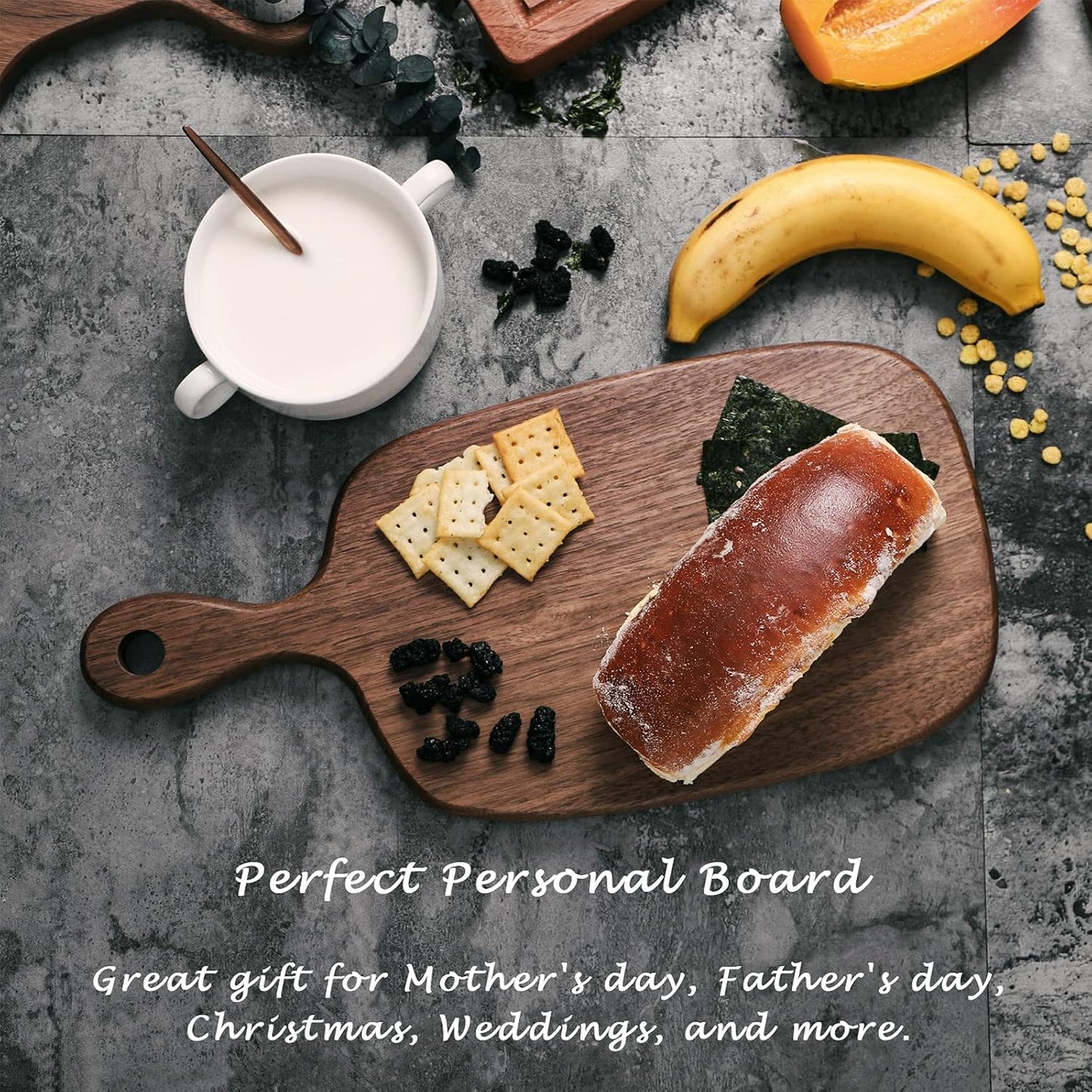 Muso Wood Small Cutting Board with Handle, Walnut Wooden Chopping Boards for Bread, Vegetables & Fruits, Dinner Cheese Board with Hole(15.2x7.3 Inches)