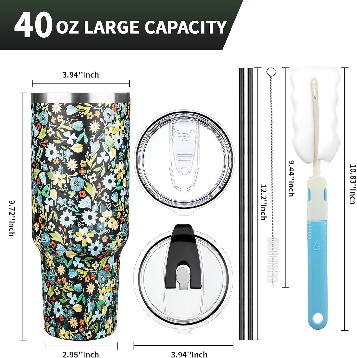 40 oz Tumbler with Lids and Straws, Stainless Steel Insulated Coffee Tumbler, Double Wall Vacuum Insulated Travel Mug Cup, Leakproof Thermal Coffee Cup for Hot and Cold Drinks (Blue Flower)