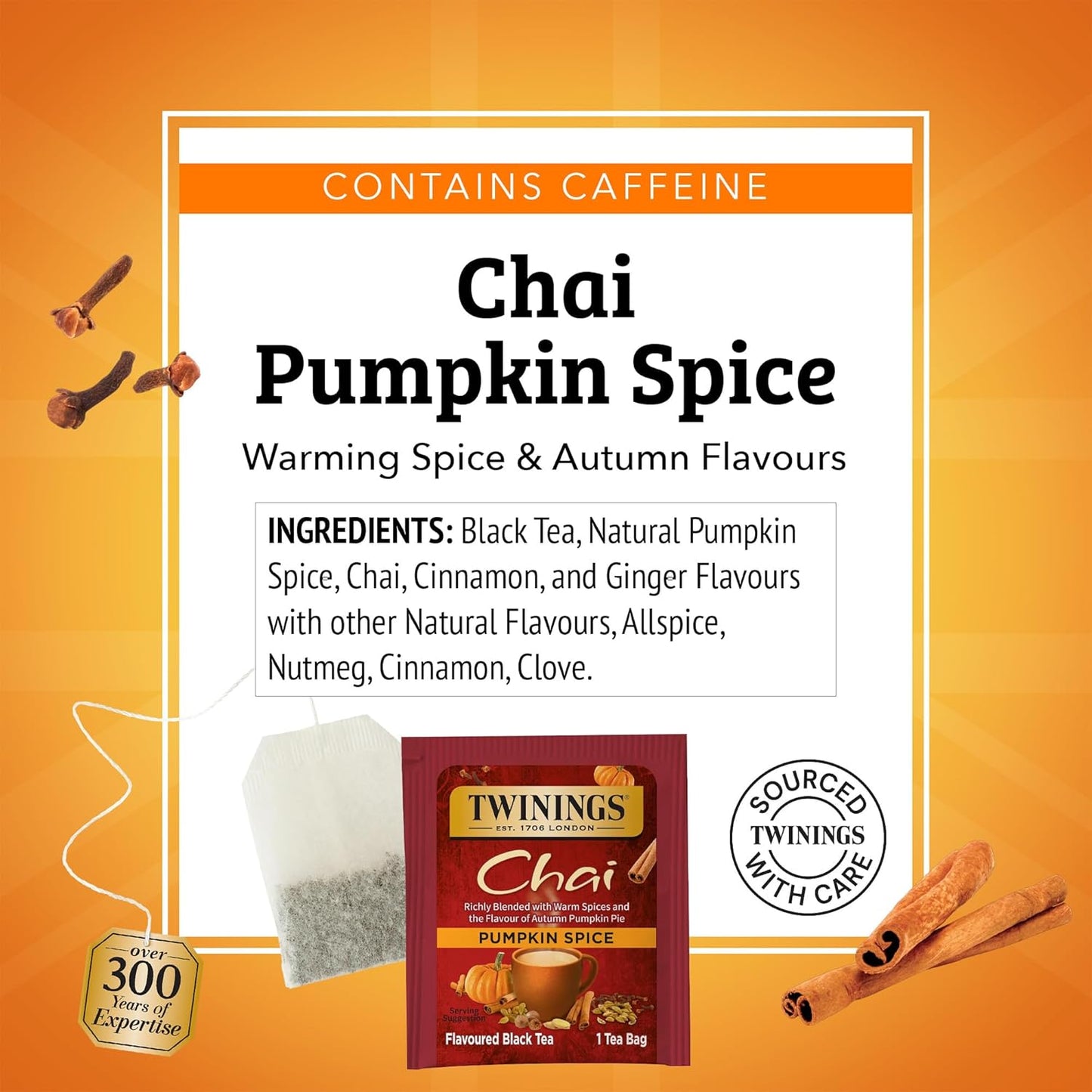 Twinings Pumpkin Spice Chai Black Tea Individually Wrapped Bags, 20 Count (Pack of 1), Warm, Spicy & Aromatic, Caffeinated, Enjoy Hot or Iced, 20 Teabags