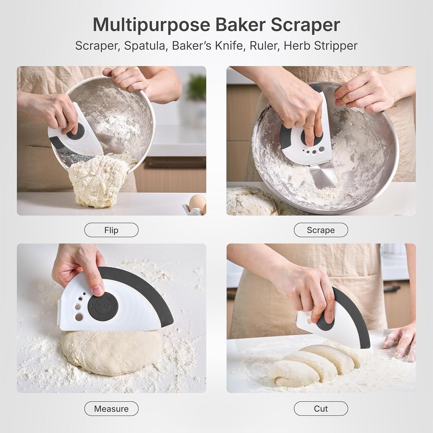 Nextrend BakerScraper – 5-in-1 Flexible Bowl Scraper, Bench Scraper and Dough Scraper with Stainless Steel Edge, Ruler & Herb Stripper – BPA Free, Dishwasher Safe - Gray