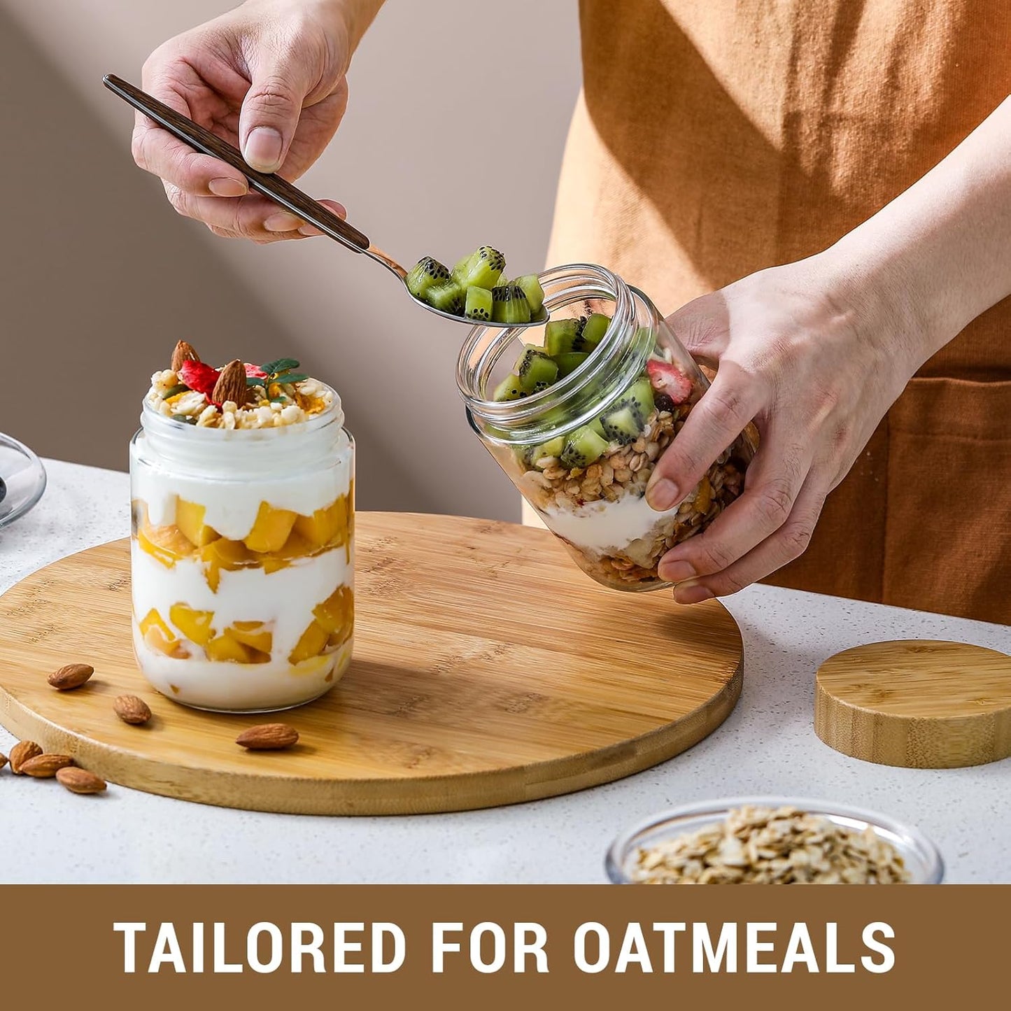 NETANY 6-pack 16oz Glass jars with Airtight Lids, Overnight Oats Containers with Bamboo Lids, Wide mouth Mason Salad jars, Glass Food Storage Containers for Snacks Yogurt Spice Sugar