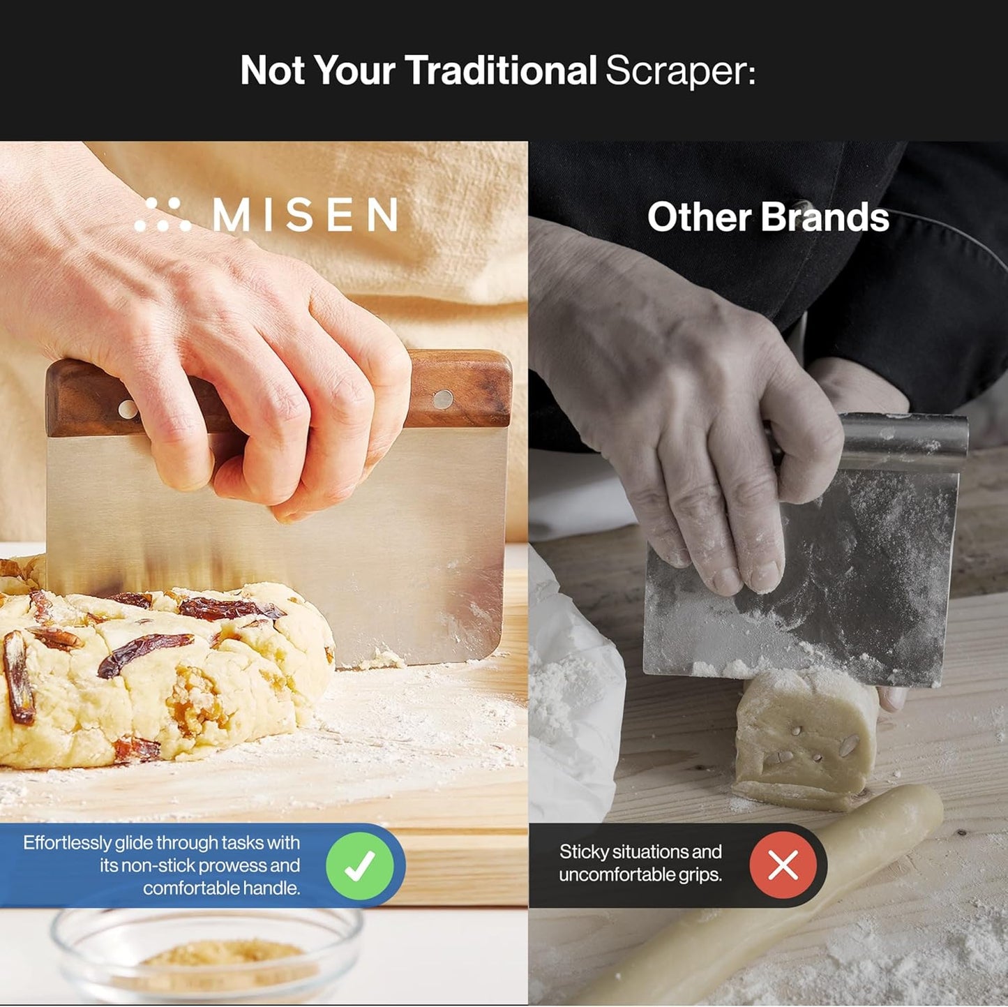 Misen Stainless Steel Bench Scraper - Versatile Food Scraper with Walnut Handle - Ideal for Kitchen, Pastry & Dough - Durable Cutting Board Scraper Tool - Effortless Transfer into Pots & Pans -Walnut