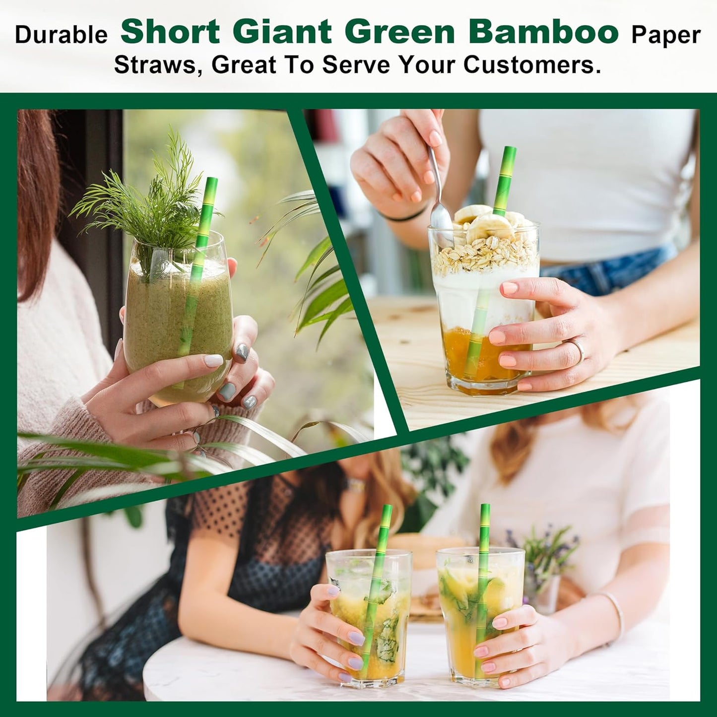 5.75" x 0.31" Green Bamboo Disposable Paper Drinking Straws for Short Drinks, Blended Cocktails, Margaritas, Smoothies, Milkshakes - Unwrapped [250 Counts]