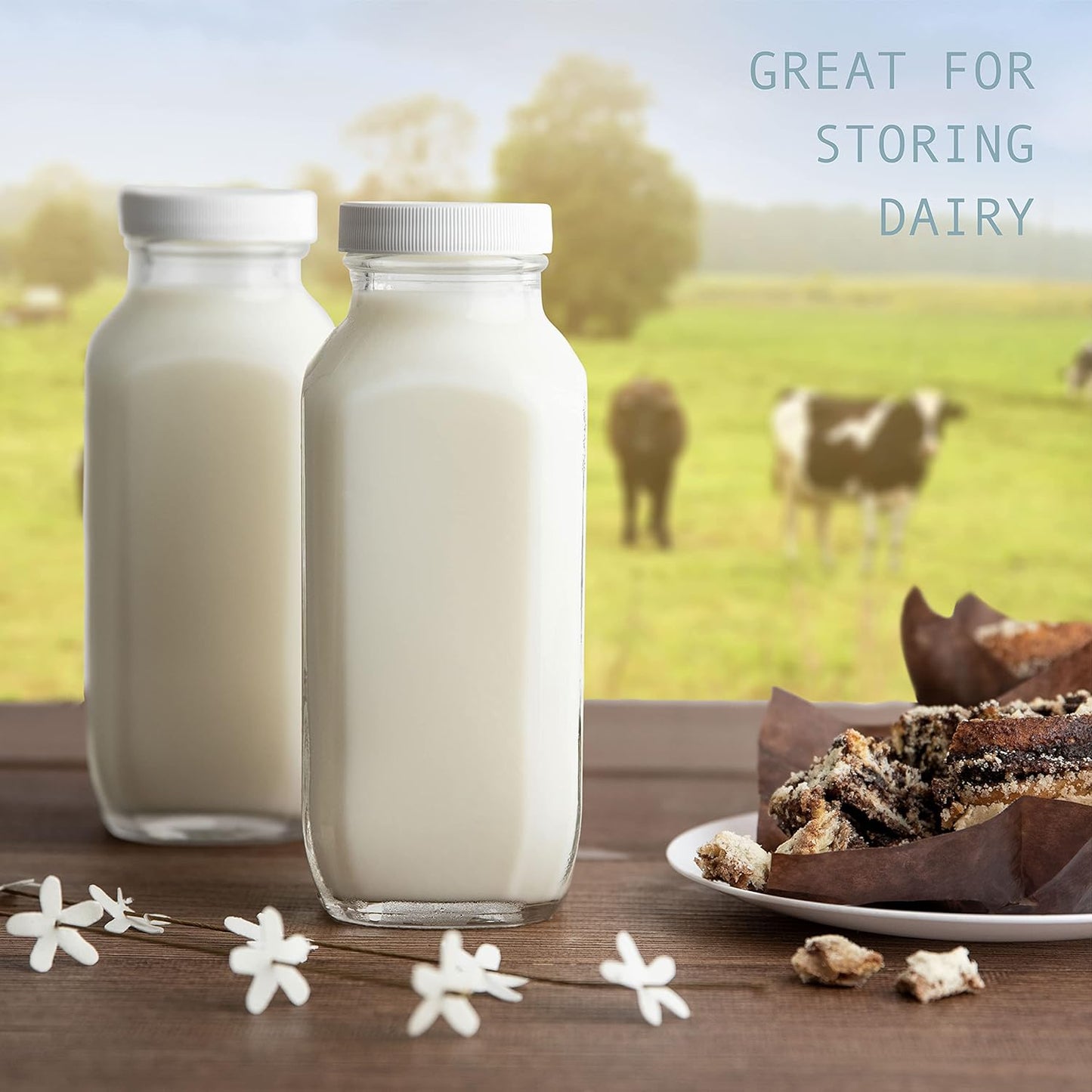 16oz Square Glass Milk Bottles with Plastic Airtight Lids -Vintage Reusable Dairy Drinking Jars Containers for Milk, Yogurt, Smoothies, Juice, Kefir, & Water -2 Pack 16 oz Glass Bottles with Lids