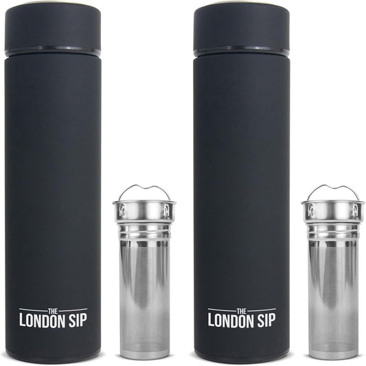 London Sip Multi-Purpose Travel Mug and Tumbler Fruit Infused Flask Hot and Cold Double Wall Stainless Steel Thermos with Extra-Long Infuser, Zen Black, Pack of 2