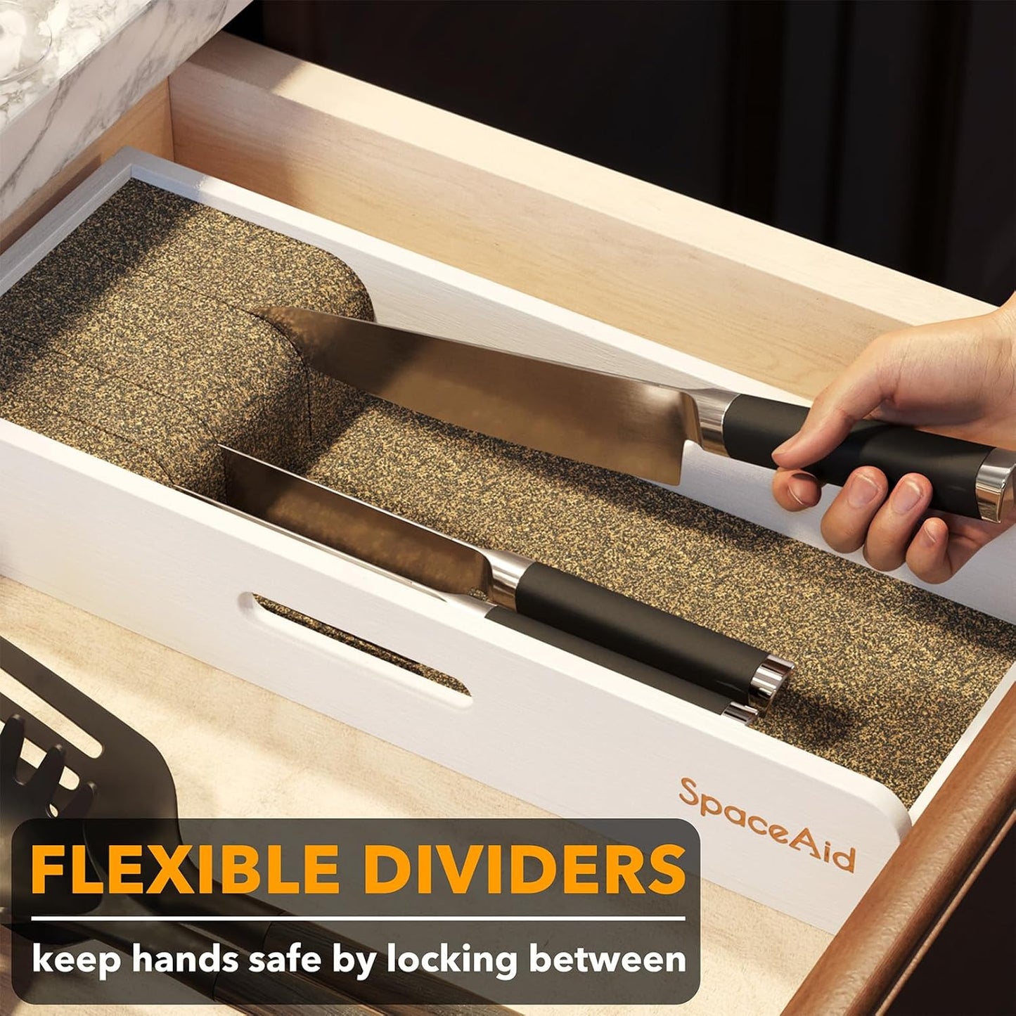 SpaceAid Knife Drawer Organizer Bamboo Insert Dock, Kitchen Steak Knives Holder Organizers Block for Drawer in Storage Organization (Small, White)