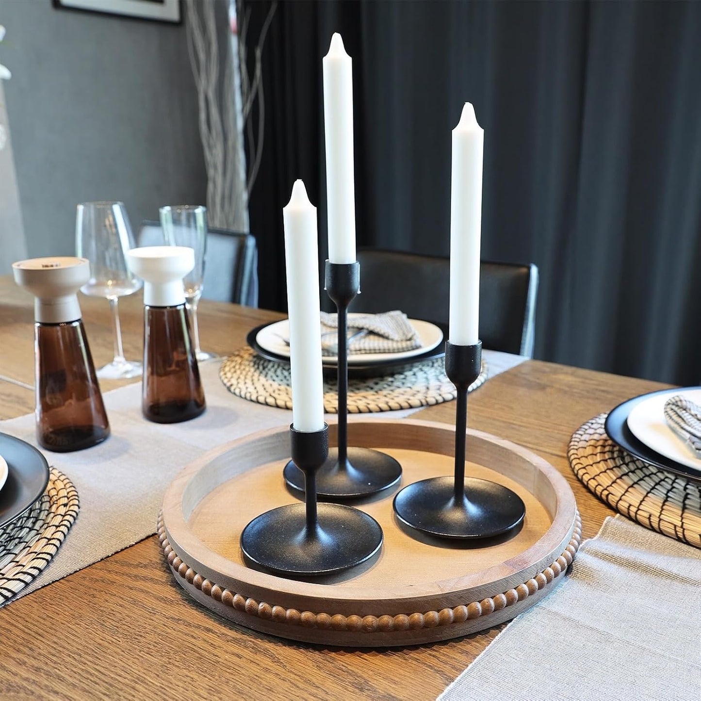 Wood Decorative Serving Tray with Bead, Round Vintage Wooden Ottoman Tray for Home Centerpiece, Counter Organizer, 13” Circle Tray for Kitchen, Living Room (Rustic Brown)