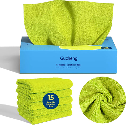 Microfiber Cleaning Cloths,15 Bags, 11.8in*9in, Absorbent Cleaning Rags Towels with Dispenser Box for Car, House, Kitchen, Window