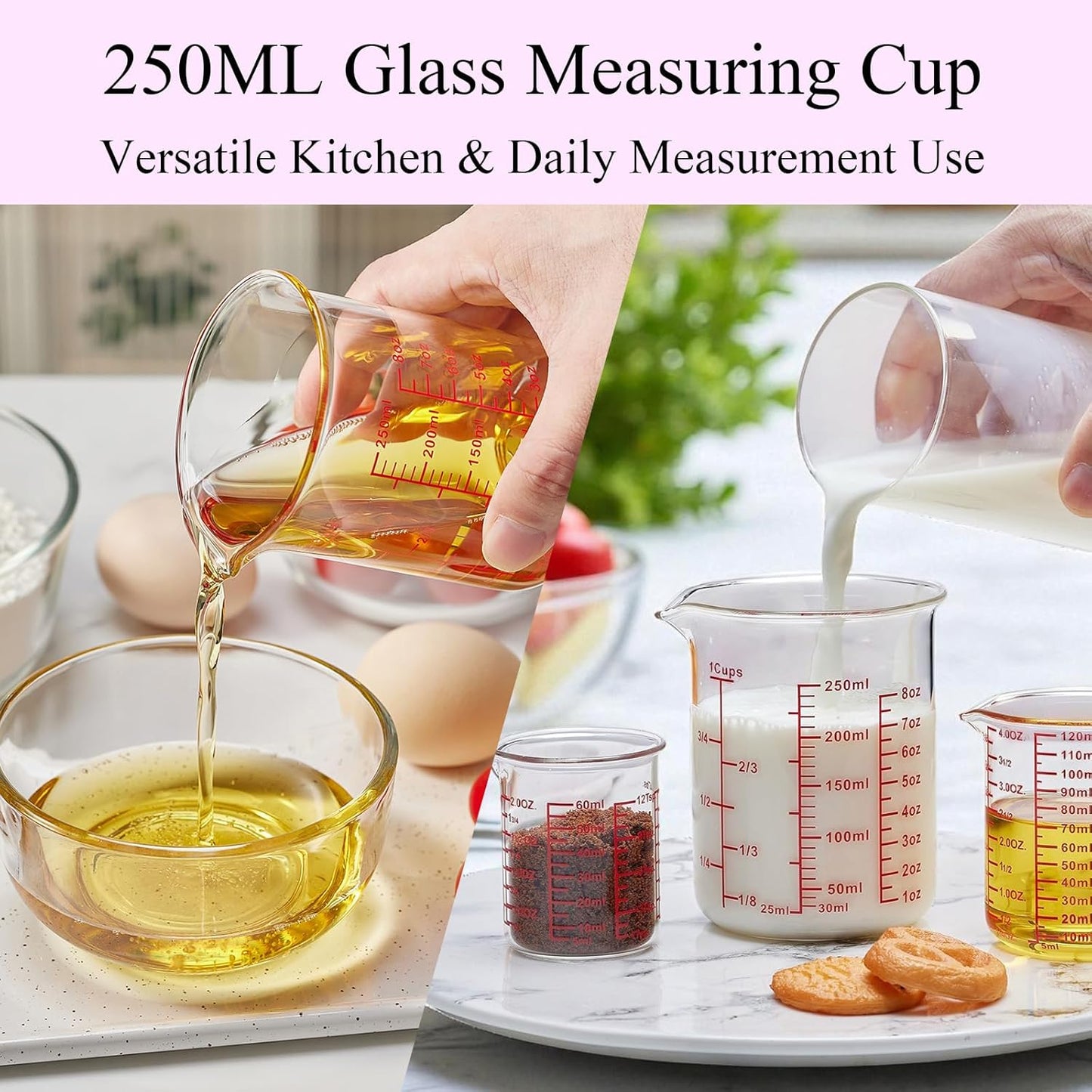 High Borosilicate Glass Measuring Cup Set-V-Shaped Spout，Includes 250ml(8OZ), 500ml(16OZ), and 1000ml(32OZ) Glass Measuring Beaker for Kitchen or Restaurant, Easy to Read