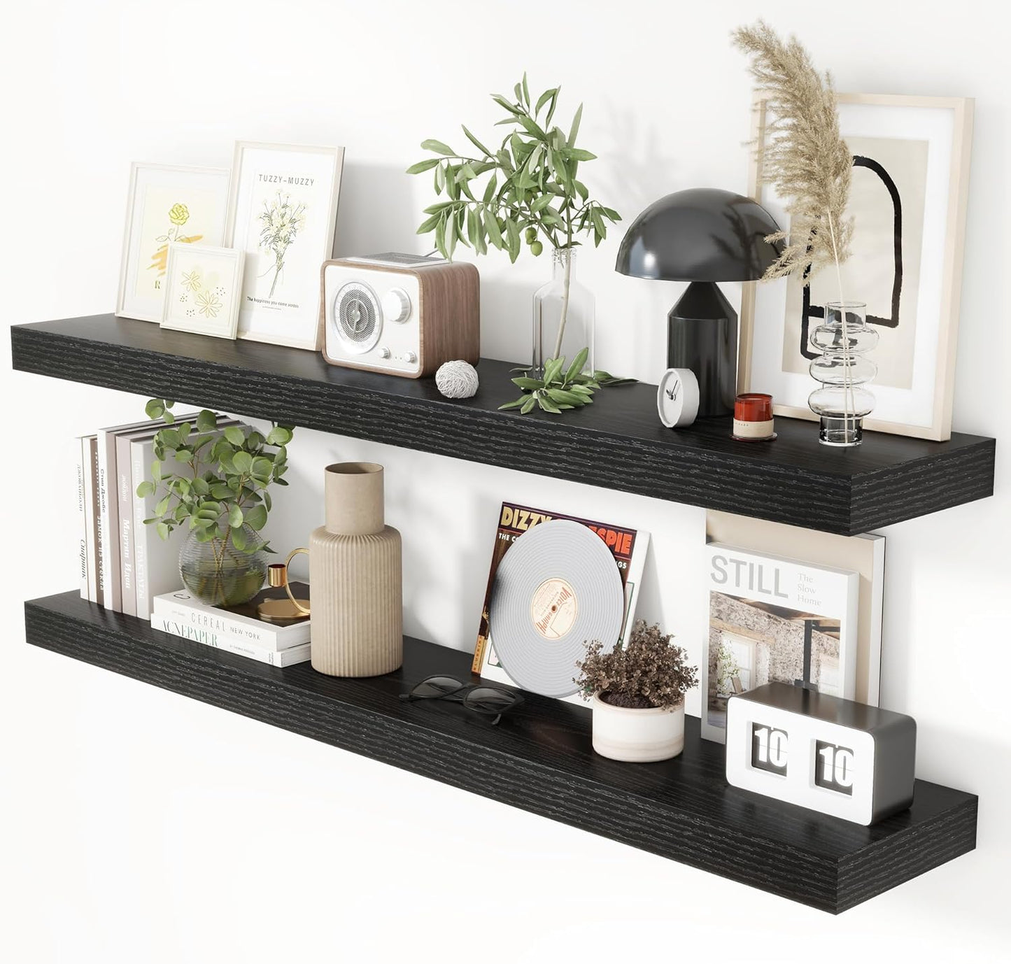 Heimlove 48 Inch Floating Shelves for Wall 8 Inch Deep Black Shelves Set of 2,Wall Mounted Rustic Wood Long Floating Shelf，Large Display & Storage Shelf with Invisible Brackets