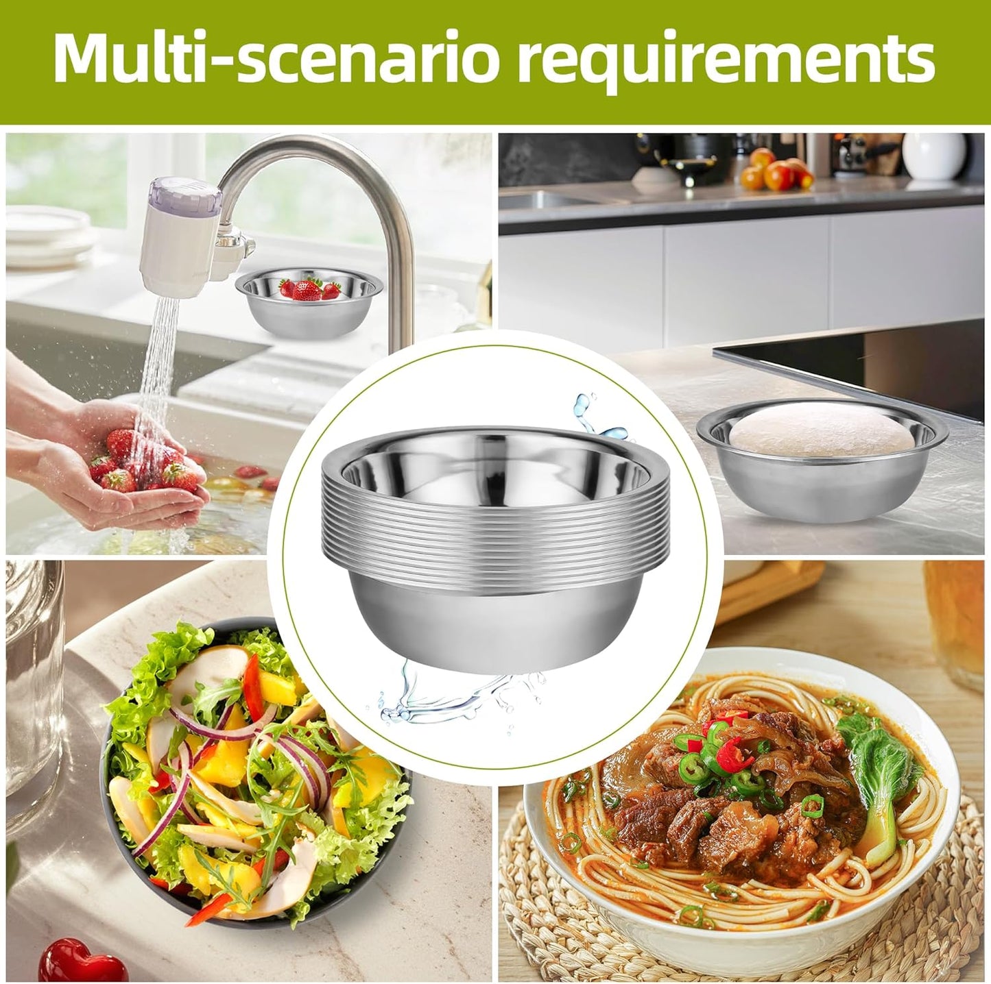 20 Pcs 12.6 x 3.9 Inch Stainless Steel Mixing Bowls for Bulk Food Prep with Nesting Design for Hotel Restaurant and Home Kitchen Cooking in Silver