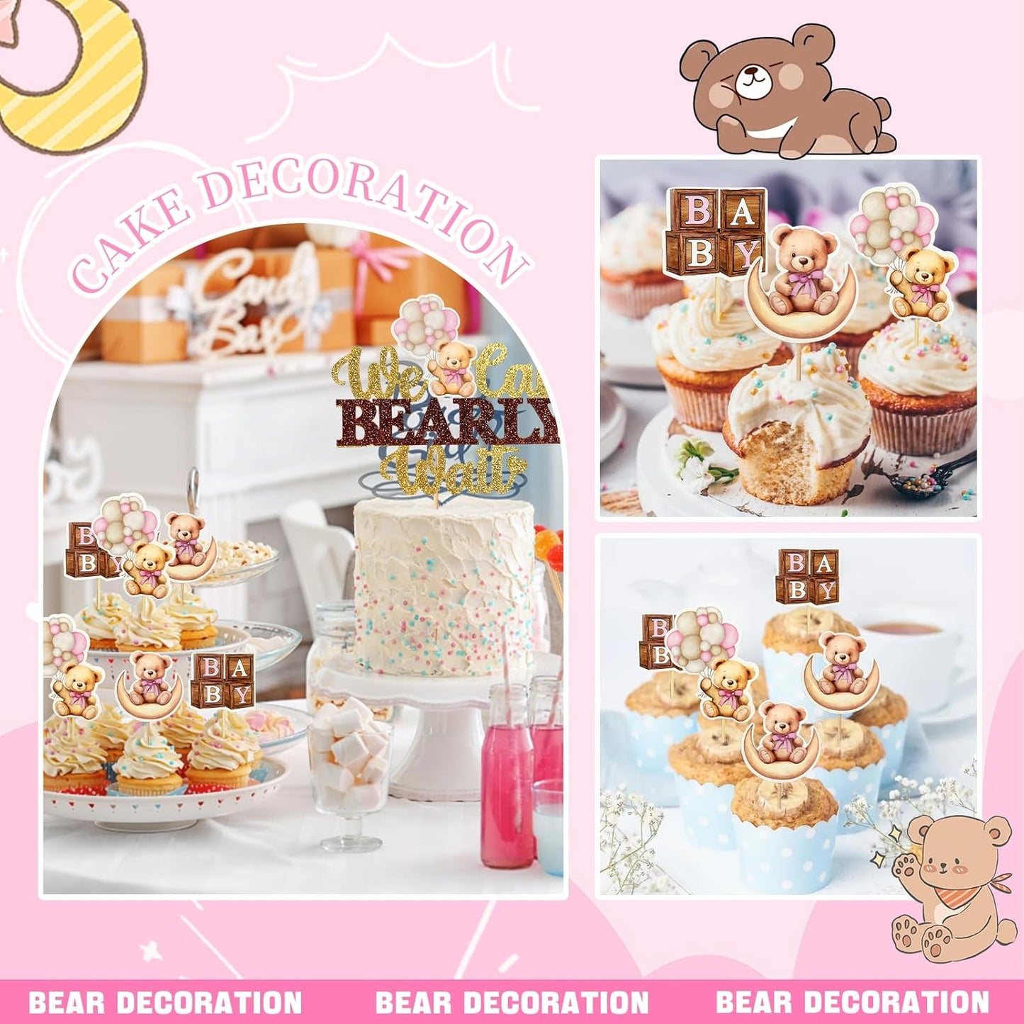 MEMOVAN Bear Baby Shower Cupcake Toppers 25pcs We Can Bearly Wait Cake Cupcake Topper Bear Cake Cupcake Decoration for Baby Girl We Can Bearly Wait Bear Theme Birthday Baby Shower Gender Reveal Party