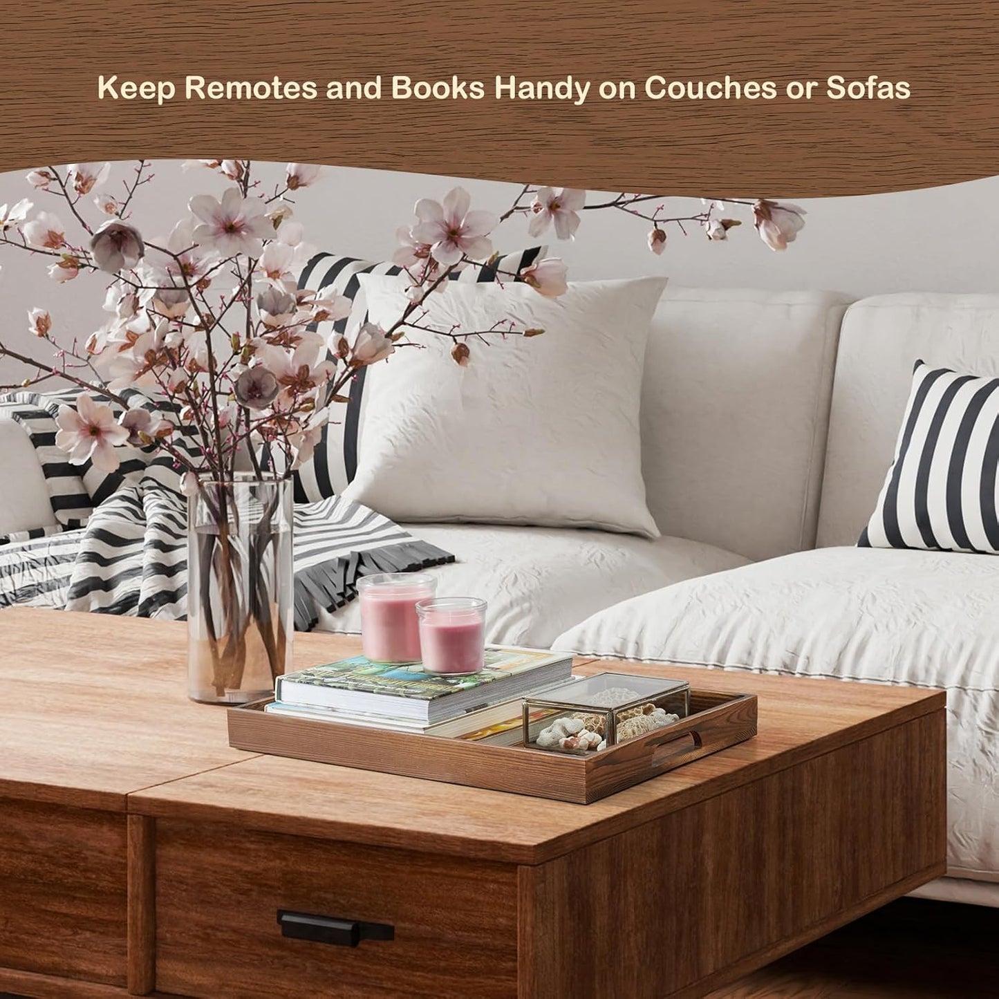 17 Inch Burnt Wood Serving Tray with Handles, Large Wooden Tray for Ottoman, Breakfast in Bed, Coffee Table, Dinner, Rectangular Tray for Living Room Bedroom Entryway and Kitchen