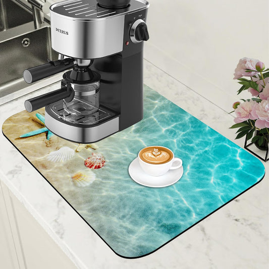 Starfish and Seashell Coffee Mat Beach Dish Drying Mat for Kitchen Counter Hide Stain Rubber Backed Absorbent Coffee Bar Accessories Fit Under Coffee Maker Coffee Pot Espresso Machine 11.8 x 19.7 Inch