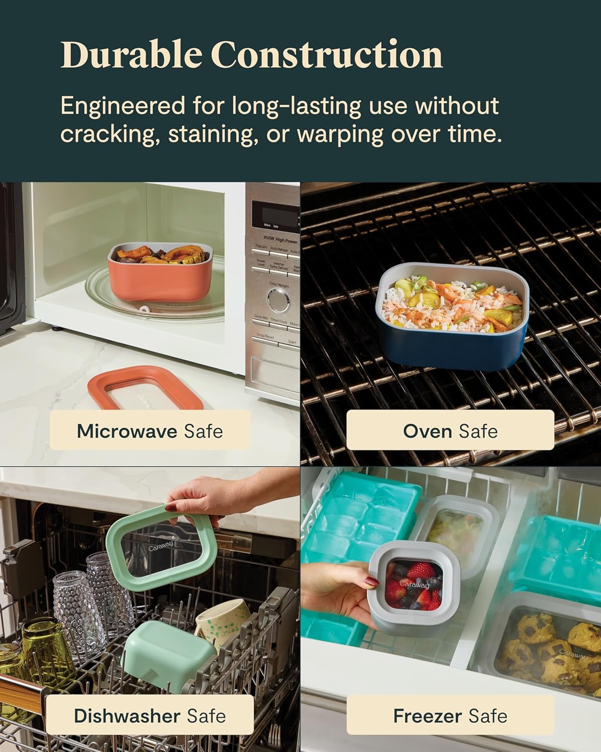 Caraway 6pc Food Storage Container Set - 1.75 Cup Glass Storage Container for Food (6) - Non-Toxic Ceramic-Coated Glass - Air Release Technology - Compact & Stackable Design - Perracotta