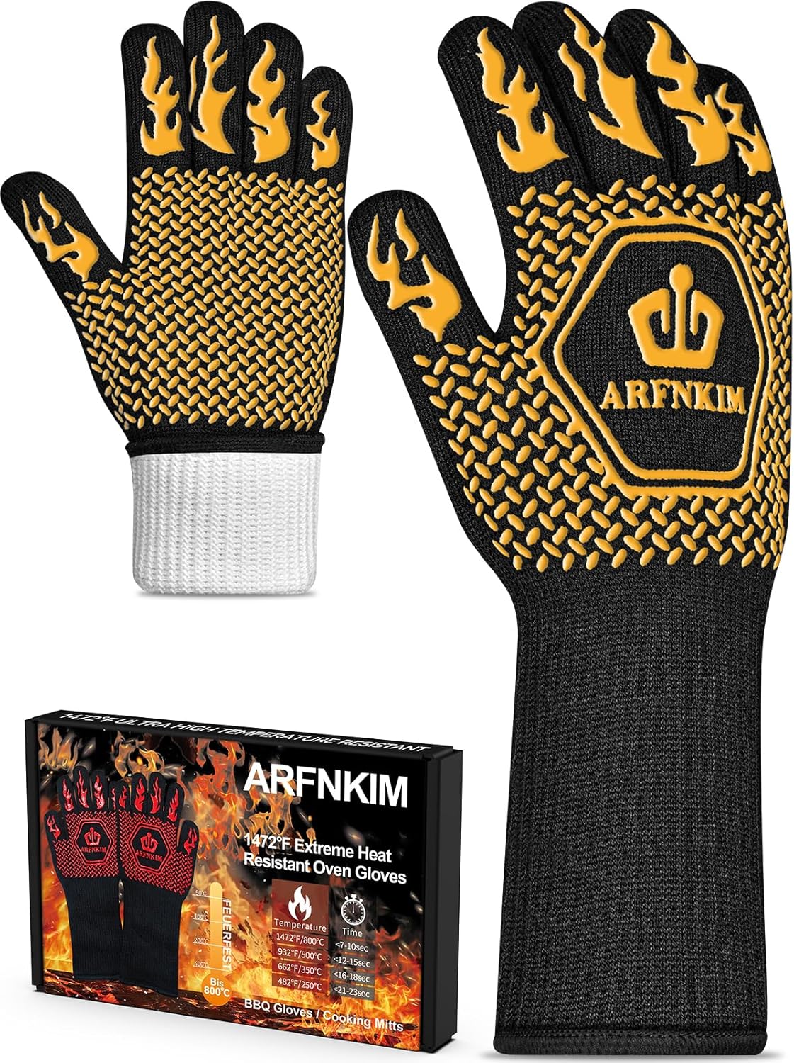 BBQ Oven Gloves, 1472℉ 3-Layers Heat Resistant Oven Mitts Silicone Non-Slip Cooking Gloves for Barbecue, Grilling, Baking, Welding, Smoker (A Pair) (Yellow)