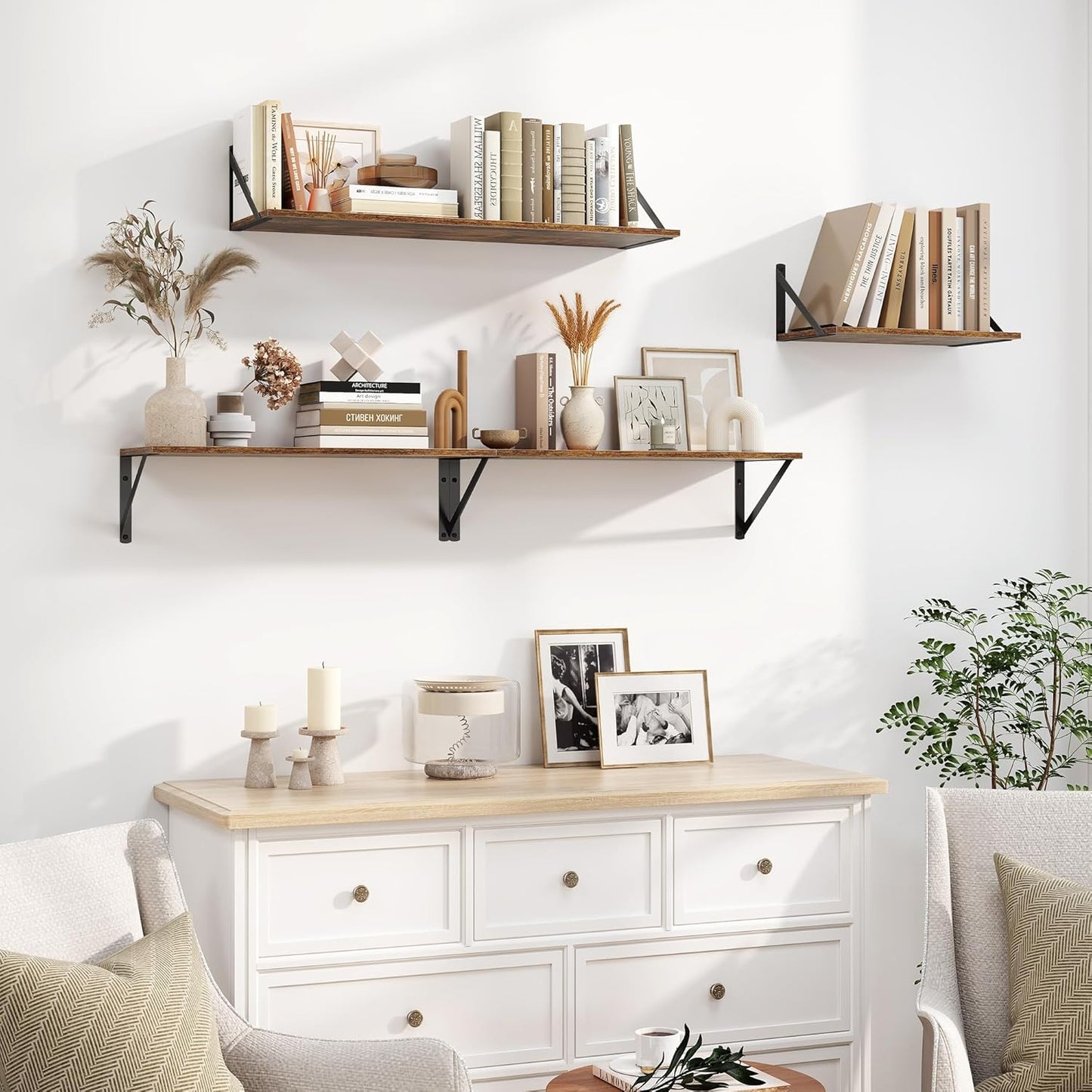 Heimlove Deep Floating Shelves for Wall, 30W x 8D Wood Wall Shelves Set of 2, Wide Floating Bookshelf for Living Room, Kitchen, Office, Bedroom and Decor Storage, with Metal Bracket - Rustic Brown