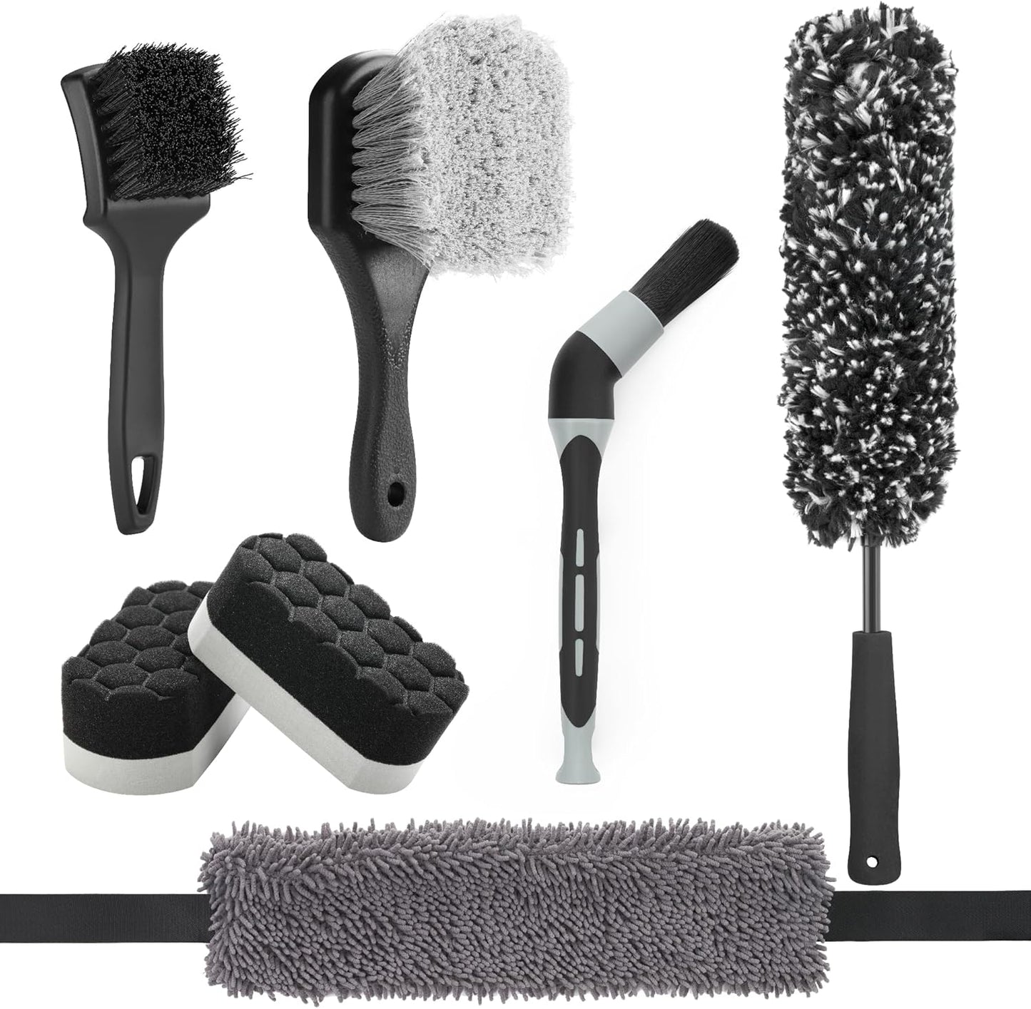 Fantasticlean 7PCS Car Wheel Brush Kit, Tire Brush, Soft-bristled Rim Brush, Scratch-Free Chenille Tape, Microfiber Bendable Brush, Curved Detailing Brush with Elbow Connector, Detailing Pads