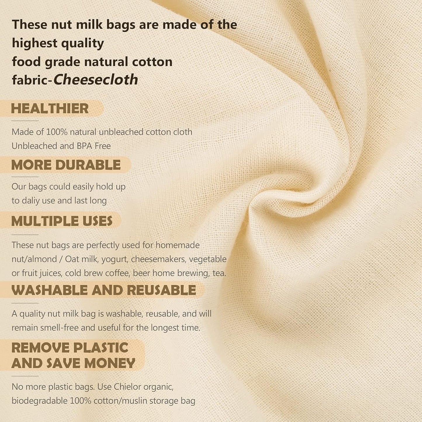 10 Pack Nut Milk Bag, 8‘’ x 10‘’Fine Mesh Grade Reusable Cheesecloth Bags Strainers, Unbleached Organic Cotton Filter Bags for Almond Milk, Juices, ColdBrew, Cheese, Tea, Yogurt, Coffee