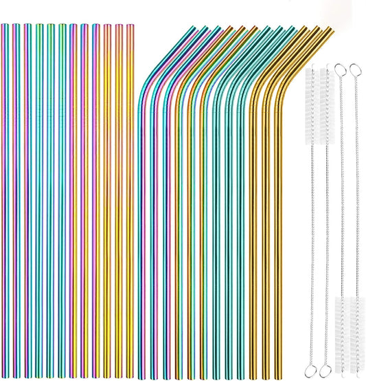 [24 PCS] Value Pack Reusable Stainless Steel Straws in Bulk Extra Long 10.4 inch Colorful,Tomorotec Metal Straw Sets with Cleaning Brushes,12 Straight 12 Bent For Tumblers Beverage Drink Cocktail
