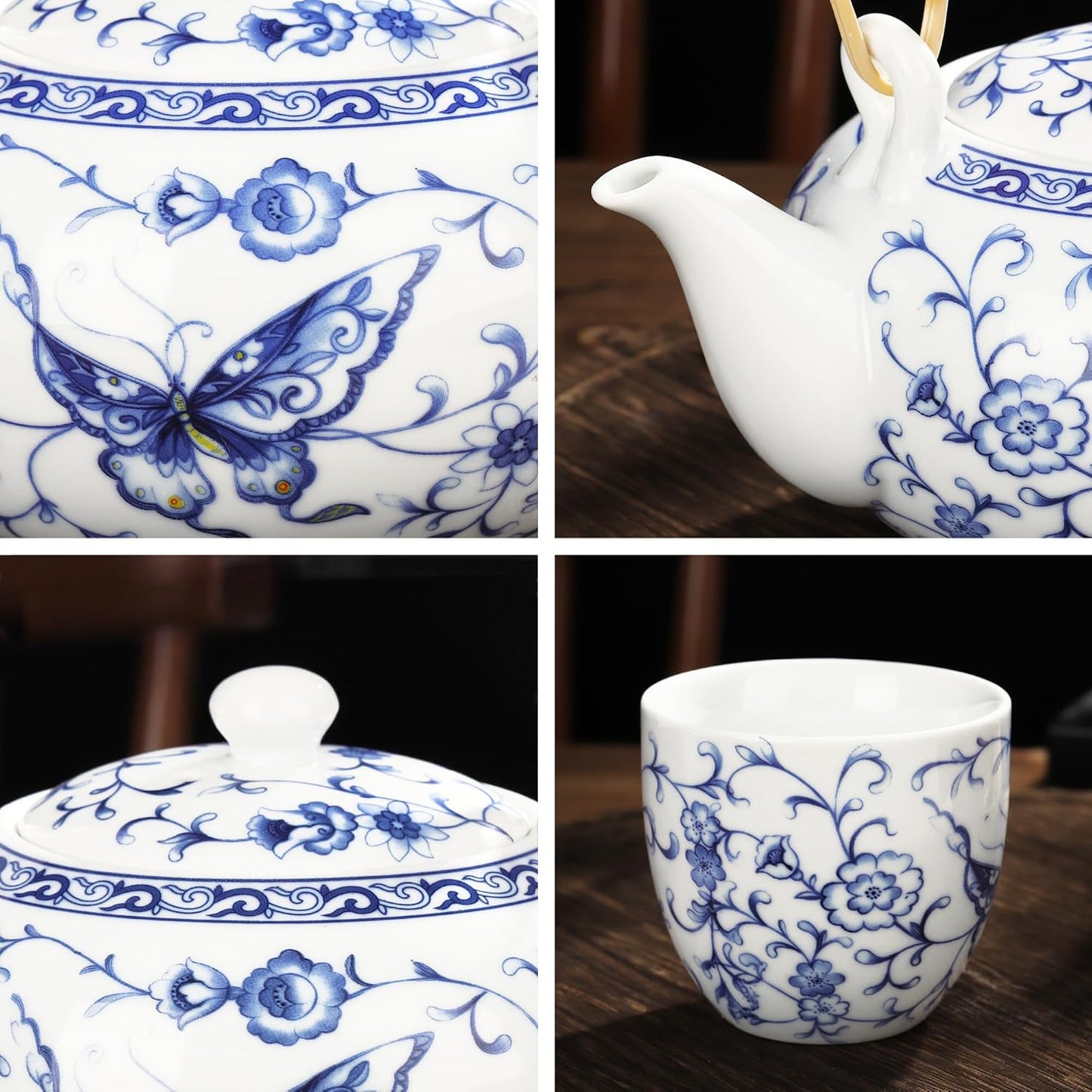fanquare Chinese Blue and White Porcelain Tea Set with 1 Teapot Set, 6 Tea Cups, Butterfly Pattern Asian Japanese Tea Sets for Adults