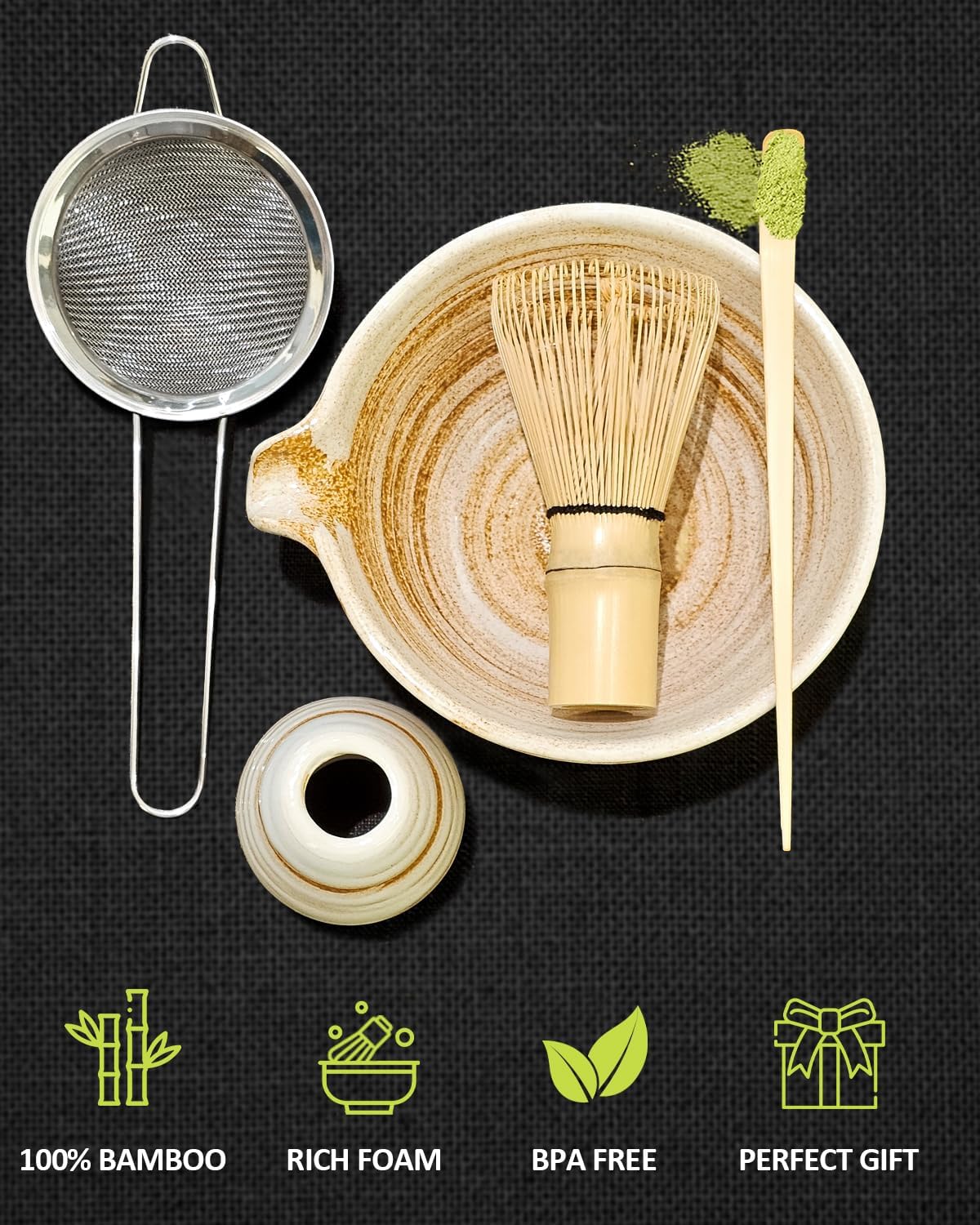 Matcha Whisk Set with Matcha Bowl, Matcha Whisk Holder Matcha Bamboo Whisks, Scoop, Sifter, Unique Gifts for Women Men Girl Friend Home Kitchen Decor Gifts for Tea Enthusiasts Christmas