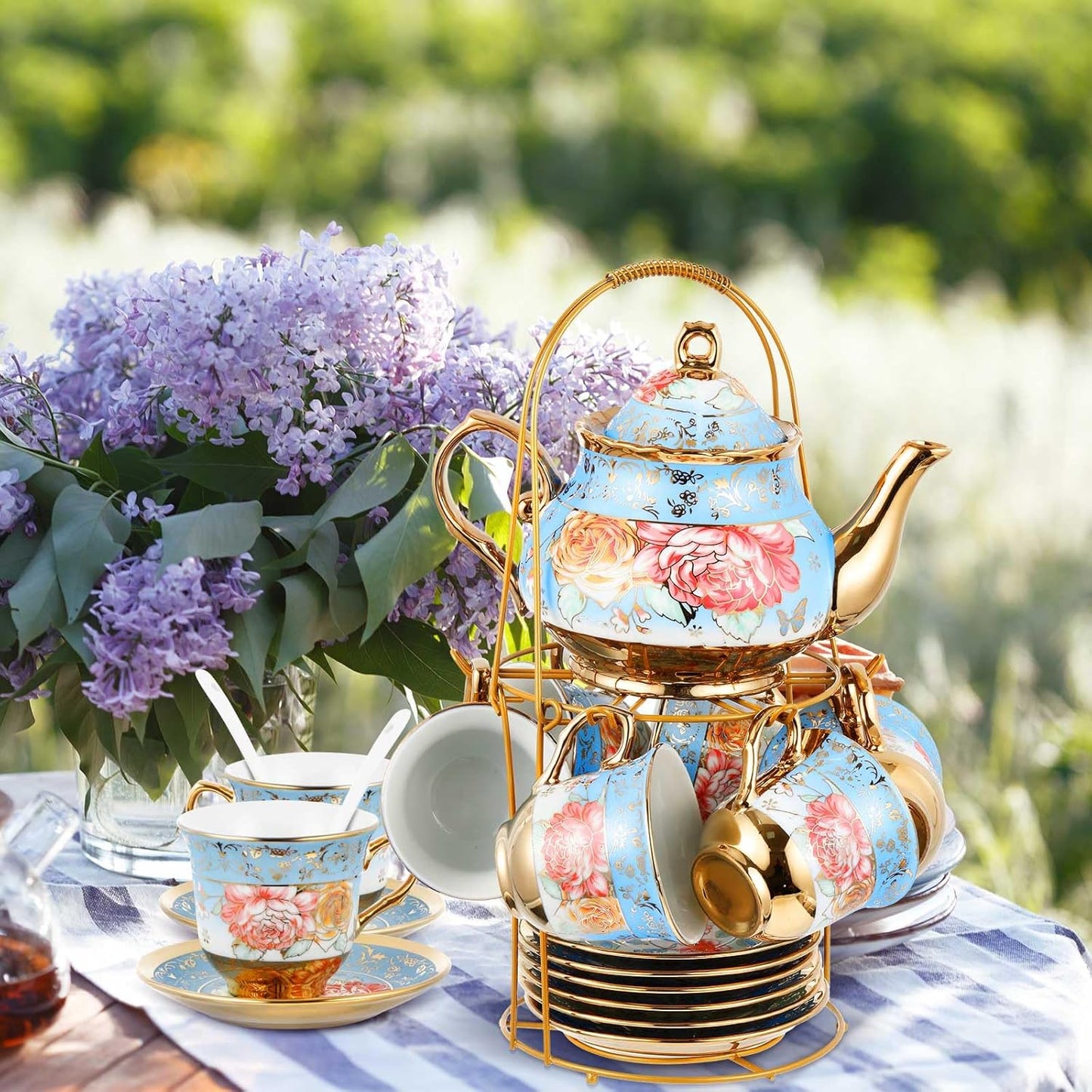 Zhehao 20 Pcs Porcelain Tea Set with Metal Holder and Spoon Adult Ceramic Tea Party Set European Flower Painting Teapot Cup Saucer Spoon Set for Women, Large Version(Simple Style)