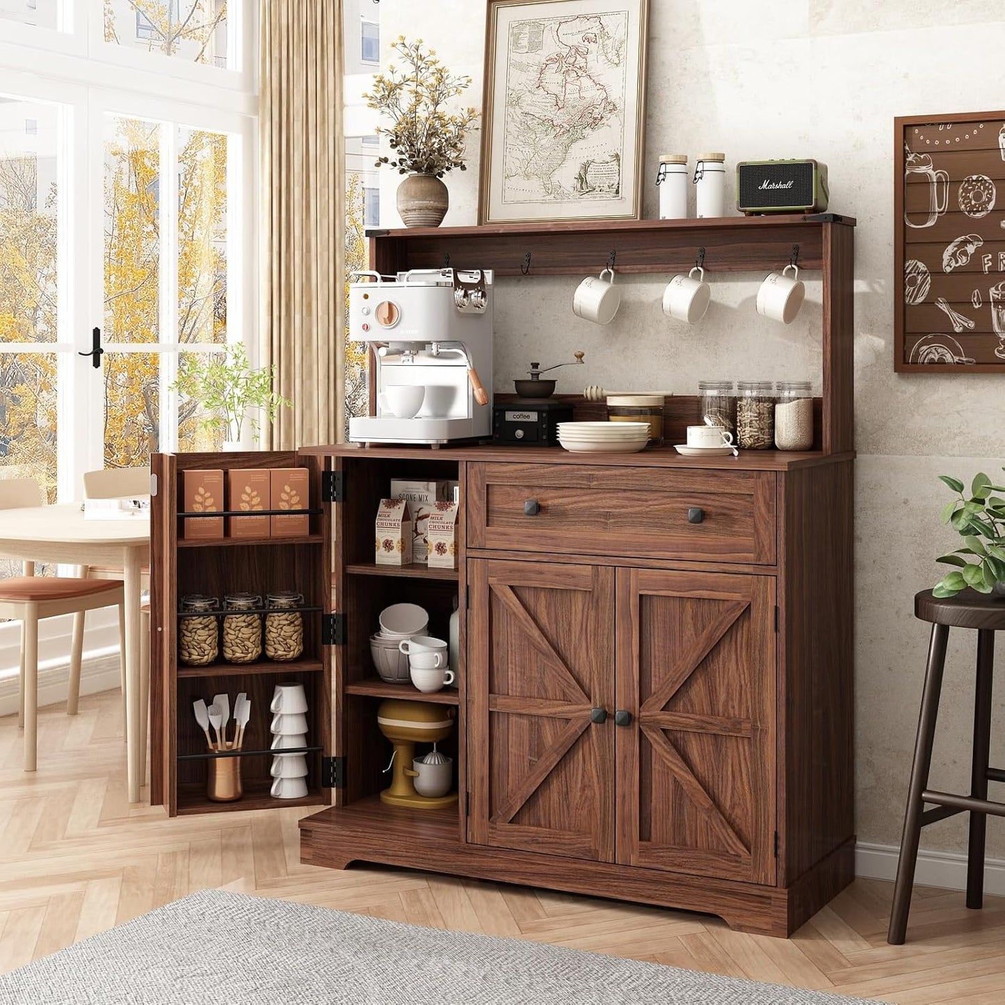 Wnutress Farmhouse Coffee Bar Cabinet with Drawer, 39" Kitchen Hutch Sideboard Buffet Cabinet with Charging Station and Adjustable Shelves, Coffee Bar Storage Table for Living Room, Dining Room, Brown