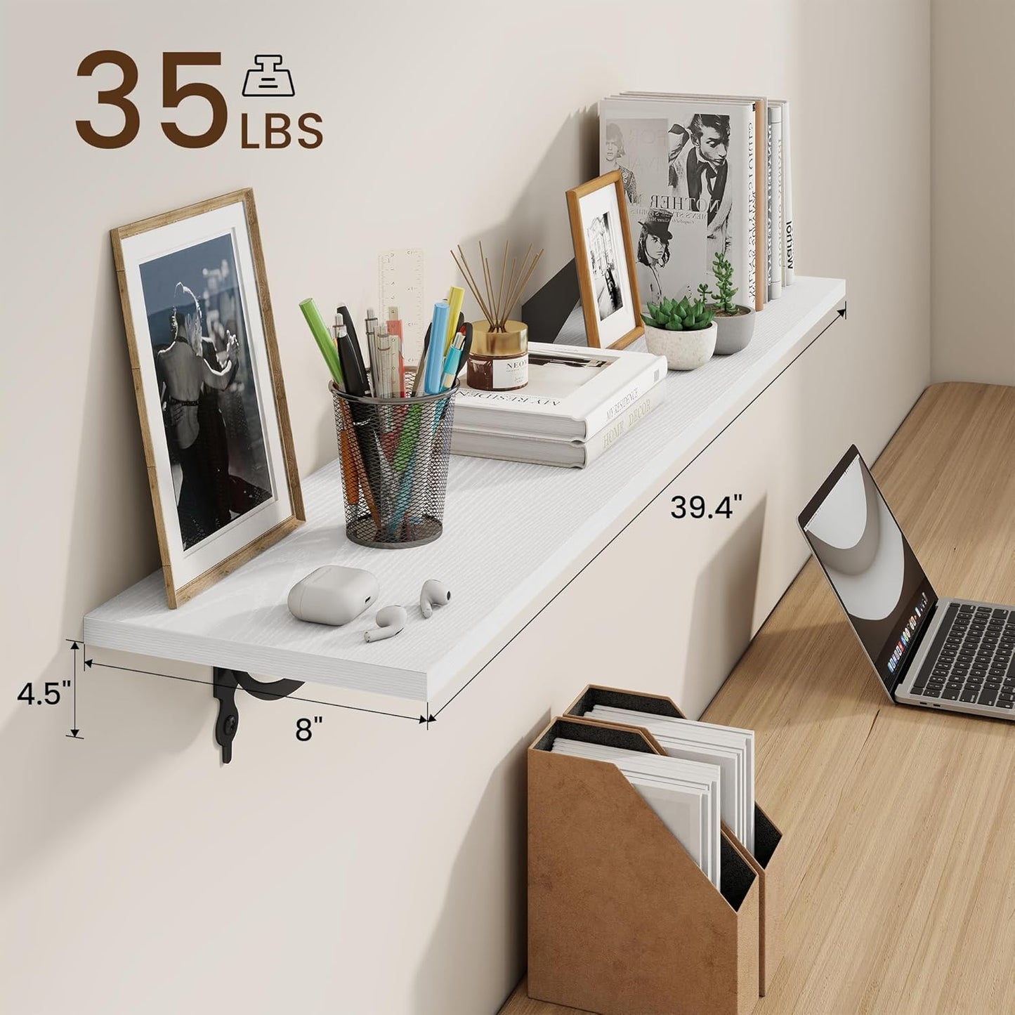 RICHFOCUS Floating Shelves for Wall Decor, 39.4W x 8D Wall Shelves Set of 2, 8 Inch Deep Rustic Wood Shelves Wall Mounted with Brackets, Long Floating Shelves for Living Room Bedroom Kitchen, White