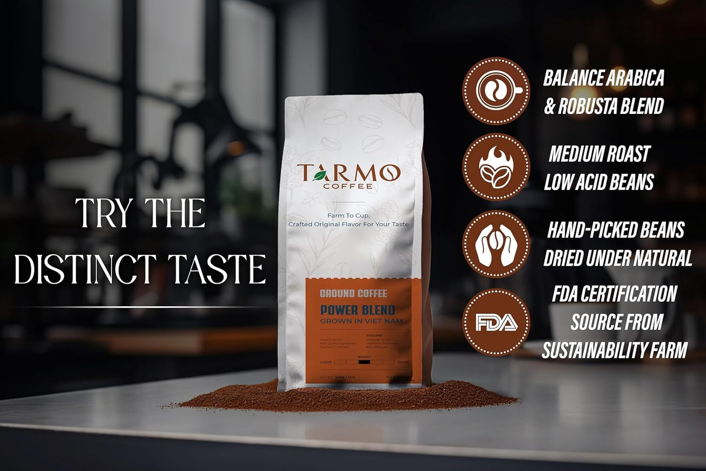 TARMO - POWER BLEND | Low Acid Ground Coffee | Specialty Vietnamese Coffee | Premium Arabica & Robusta Blend, Medium Roast Coffee, 12 Oz Bag