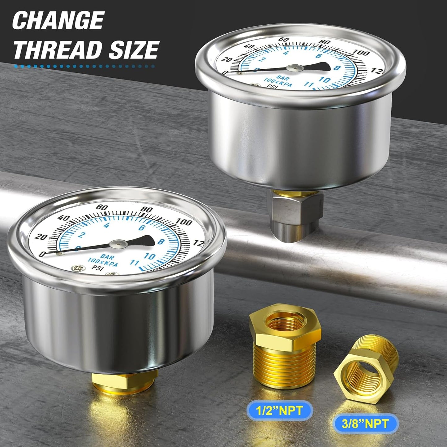 MEANLIN MEASURE 0~160Psi Dry Pressure Gauge Stainless Steel 1/4" NPT 2" FACE DIAL Waterproof for Air Compressor RV Regulator Water Pressure Tester Black Mount, with 1/2" NPT and 3/8" NPT Hex Bushing