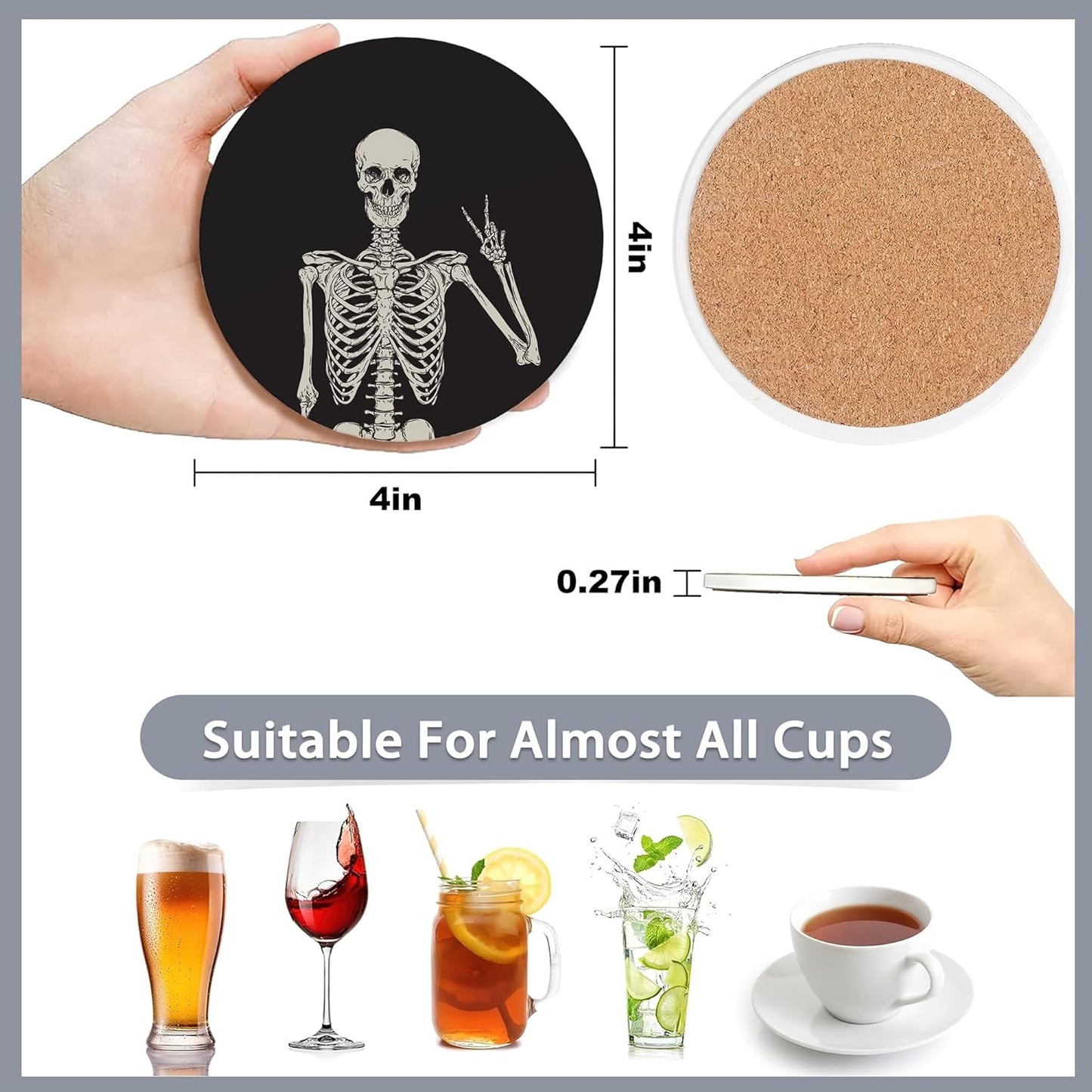 Drink Coasters Set of 6 with Holder,Human Skeleton Posing Skull Head Absorbent Ceramic Coasters with Cork Base,Fit All Cups,Tabletop Protection Mat for Mugs and Cups,Office,Kitchen
