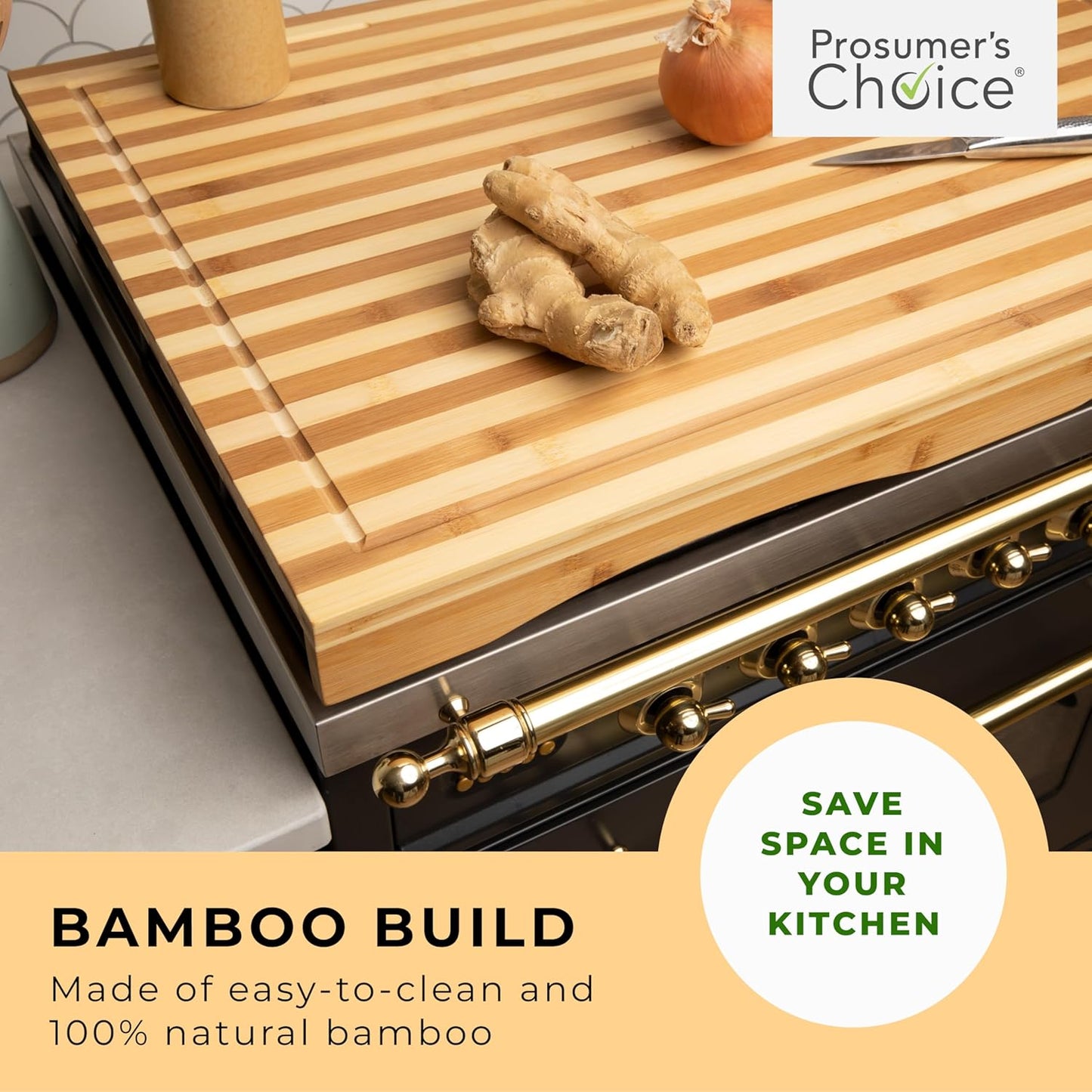 Prosumer's Choice Stovetop Cover Bamboo Cutting Board | Premium, Sustainable, Expands Kitchen Space, Easy to Clean - with Adjustable Legs and Juice Grooves - Large - 29.5"L x 3.5"W x 21"H