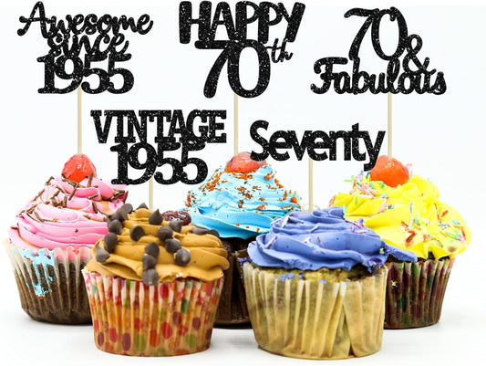 Gyufise 30Pcs 70th Birthday Cupcake Toppers Vintage 1955 Seventy Cake Decorations Cheers to 70 Fabulous Seventy Cupcake Picks 70th Birthday Wedding Anniversary Party Cake Decorations Supplies Black