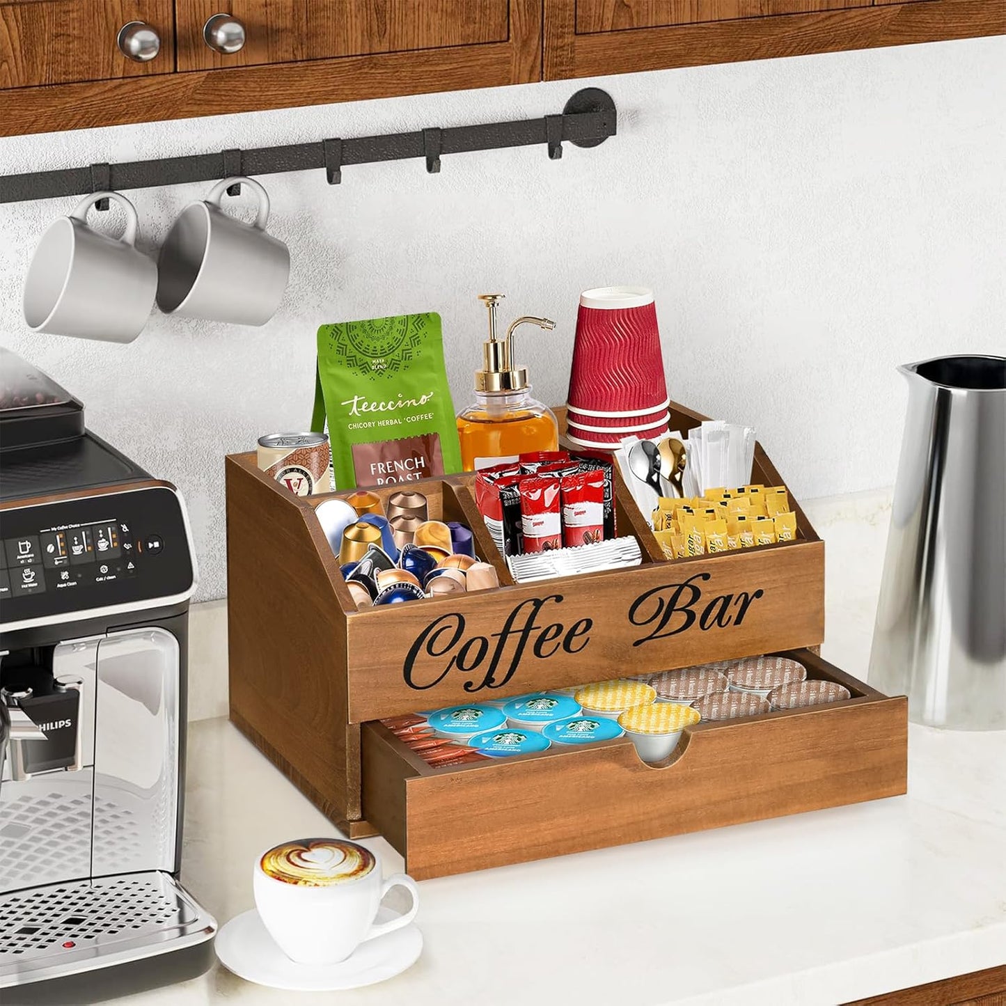 Coffee Bar Organizer Countertop, Wooden Bar Accessories With Drawer, Coffee Station Organizer Pods Holder Storage Basket, Farmhouse Tea Condiment Station