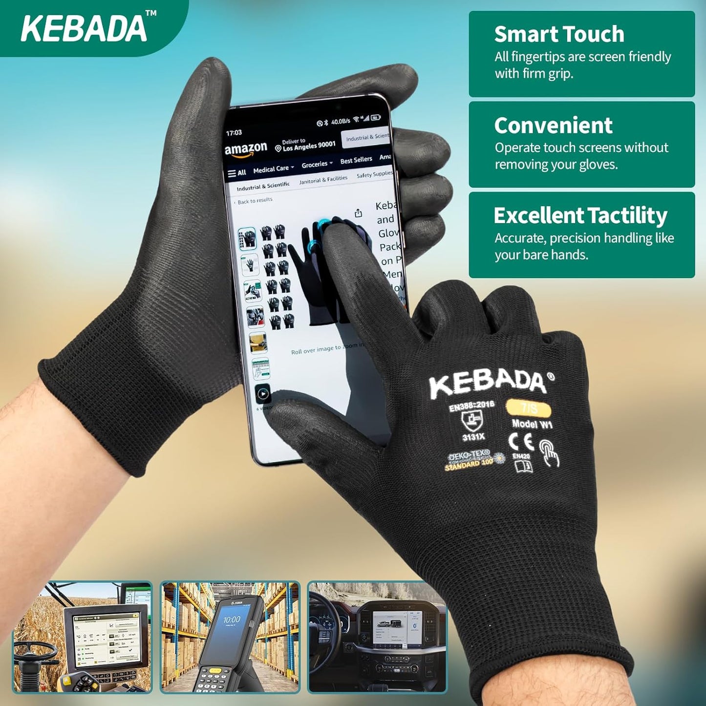 Kebada W1 Safety Work Gloves, PU Coated Touch Screen Work Gloves with Grip, Bulk Pack Working Gloves for Warehouse, Construction, Gardening and Mechanic Use, Black, 50 Pairs, XXL