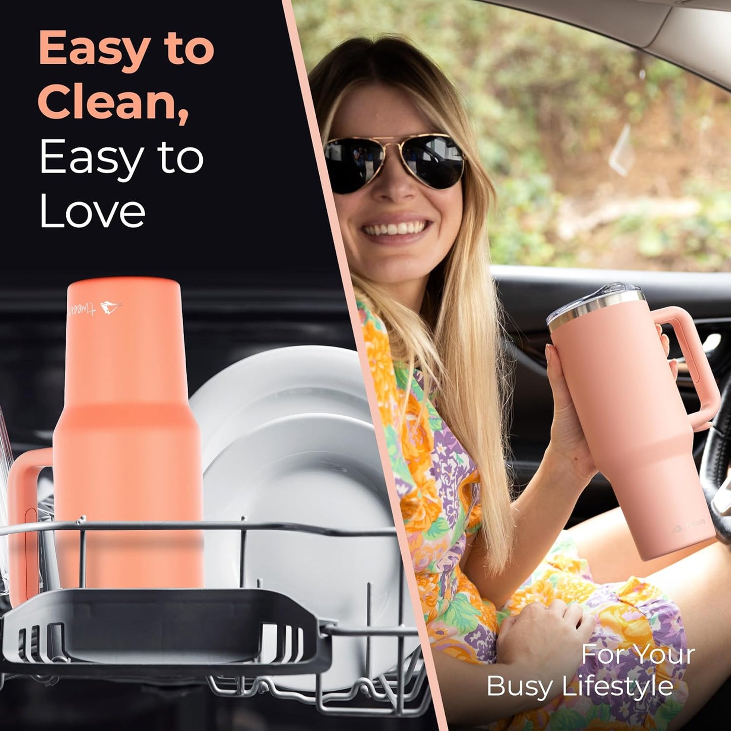 40 oz Tumbler With Handle and Straw Made of Stainless Steel - Double Wall Vacuum Insulated Tumbler With Lid - Sweat Proof Easy Grip, BPA-Free, Dishwasher Safe Tumbler (Peach)