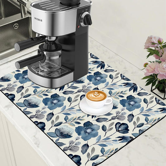 Blue Flowers Dish Drying Mat for Kitchen Counter Coffee Bar Mat Hide Stain Absorbent Coffee Mat with Non-Slip Rubber Backed Coffee Maker Espresso Machine Coffee Bar Accessories 15.7 x 23.6 Inch