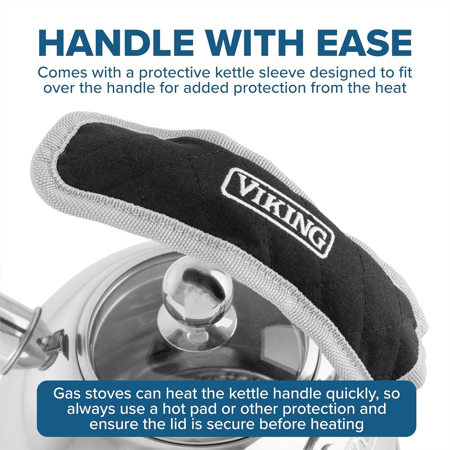 Viking 3-Ply Stainless Steel Tea Kettle, 2.6 Quart Stovetop Hot Water Pot with Tempered Glass Lid, Ergonomic Handle, Induction Ready, Mirror Finish