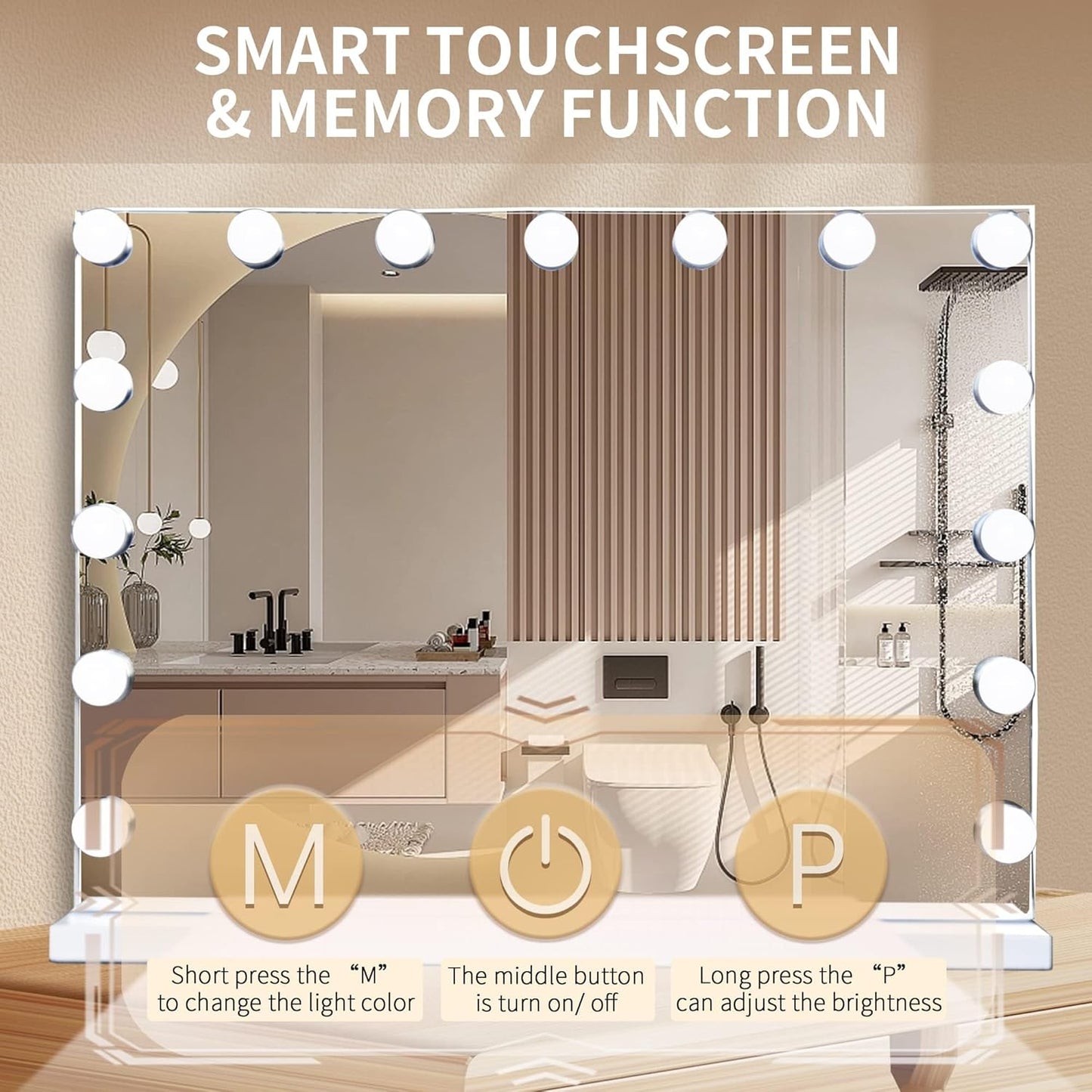 Hollywood Vanity Mirror with Lights, 15 Dimmable LED Bulbs 3 Color Lighted Makeup Mirror with Detachable 10X Magnification Mirror, Tabletop or Wall-Mounted, Touch Control
